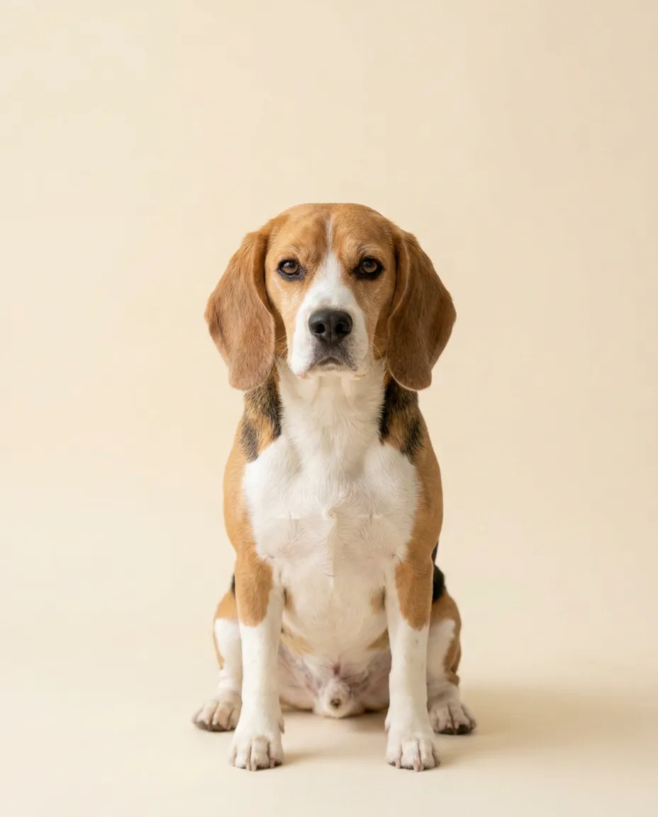 Dorosły beagle siedzący na kremowym tle