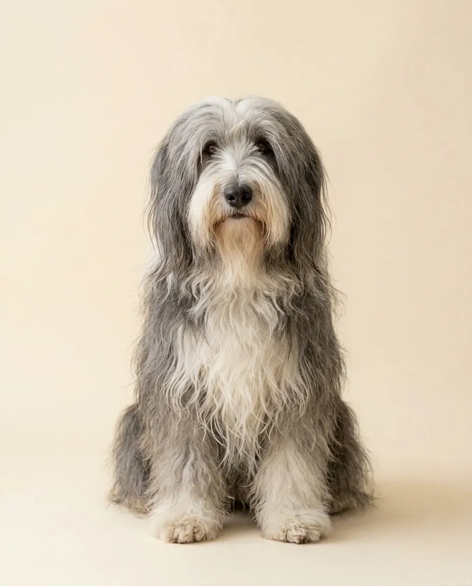 Dorosły bearded collie siedzący na kremowym tle