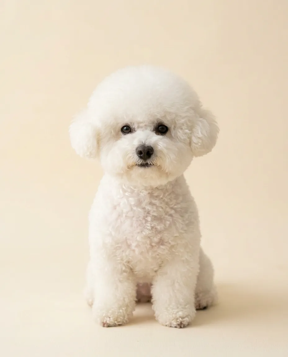 Dorosły bichon frisé siedzący na kremowym tle