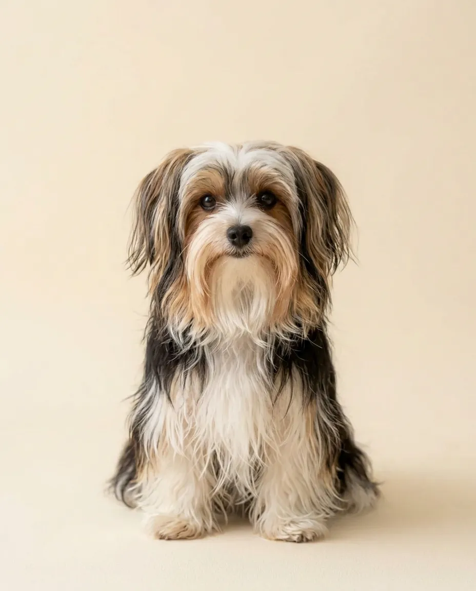 Dorosły biewer terrier siedzący na kremowym tle