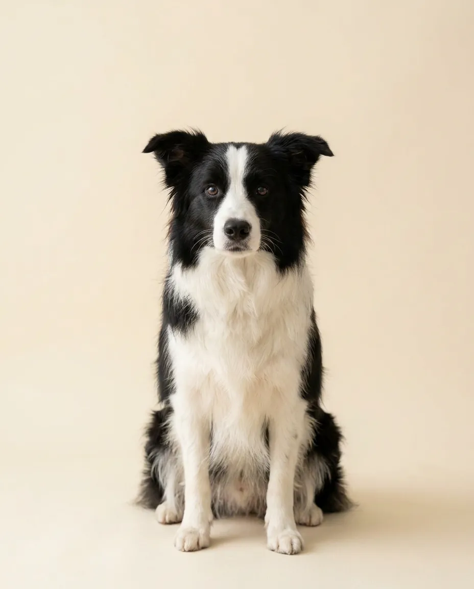Dorosły border collie siedzący na kremowym tle