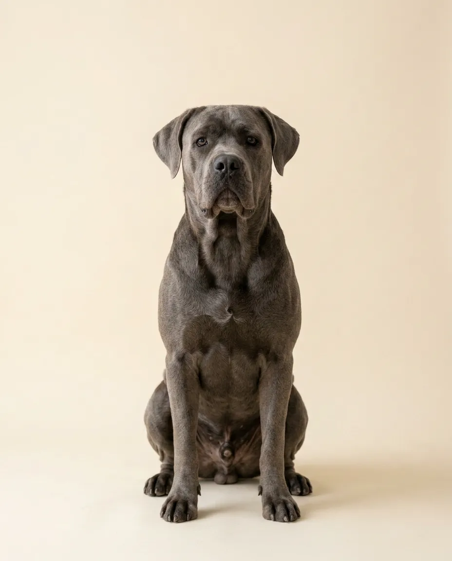 Dorosły cane corso siedzący na kremowym tle