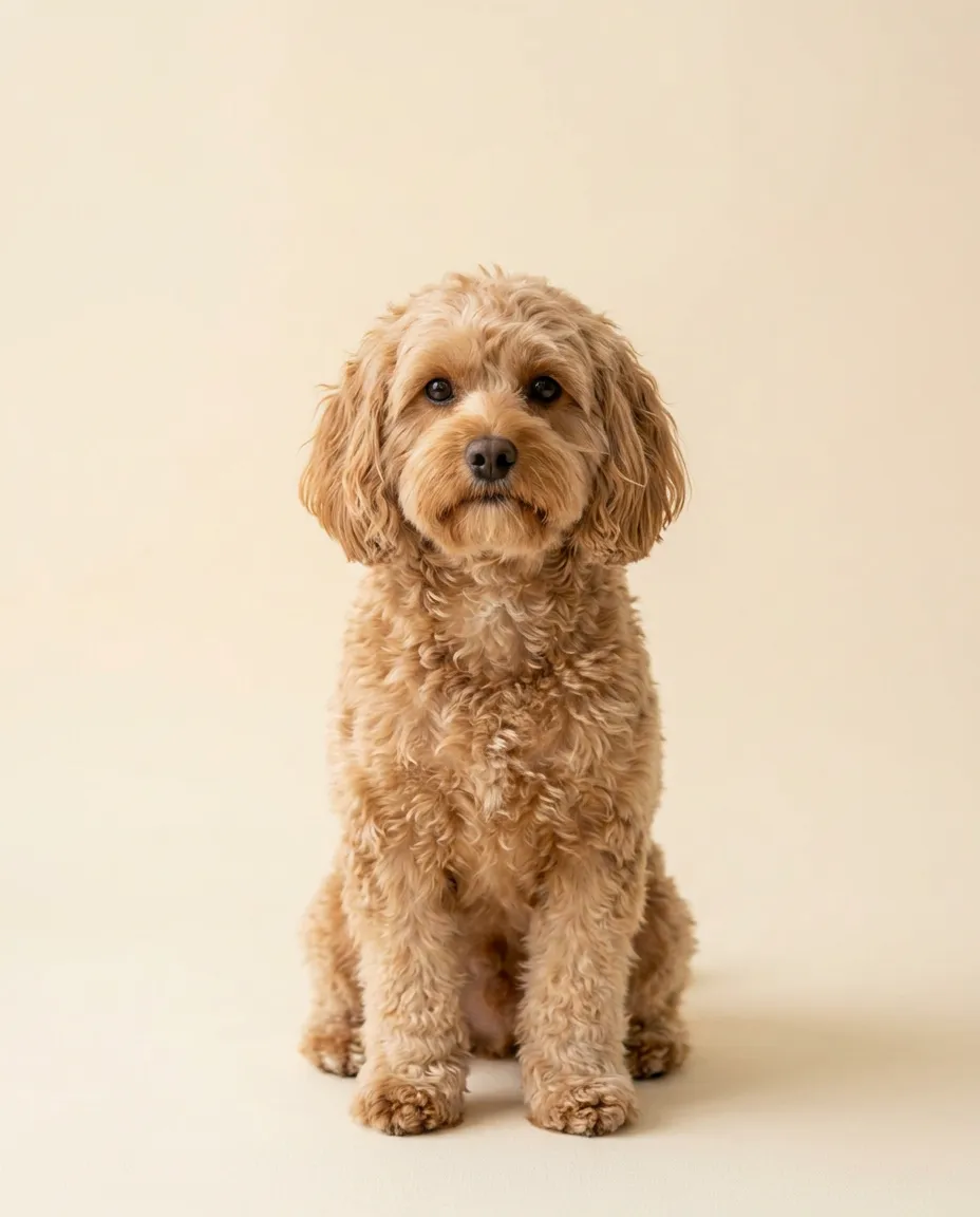 Dorosły cavapoo siedzący na kremowym tle