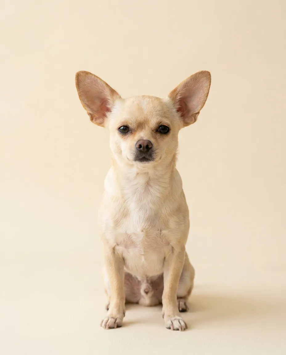 Dorosły chihuahua siedzący na kremowym tle