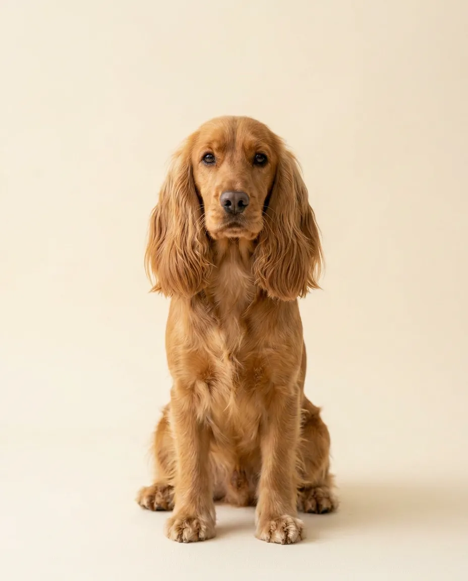 Dorosły cocker spaniel siedzący na kremowym tle