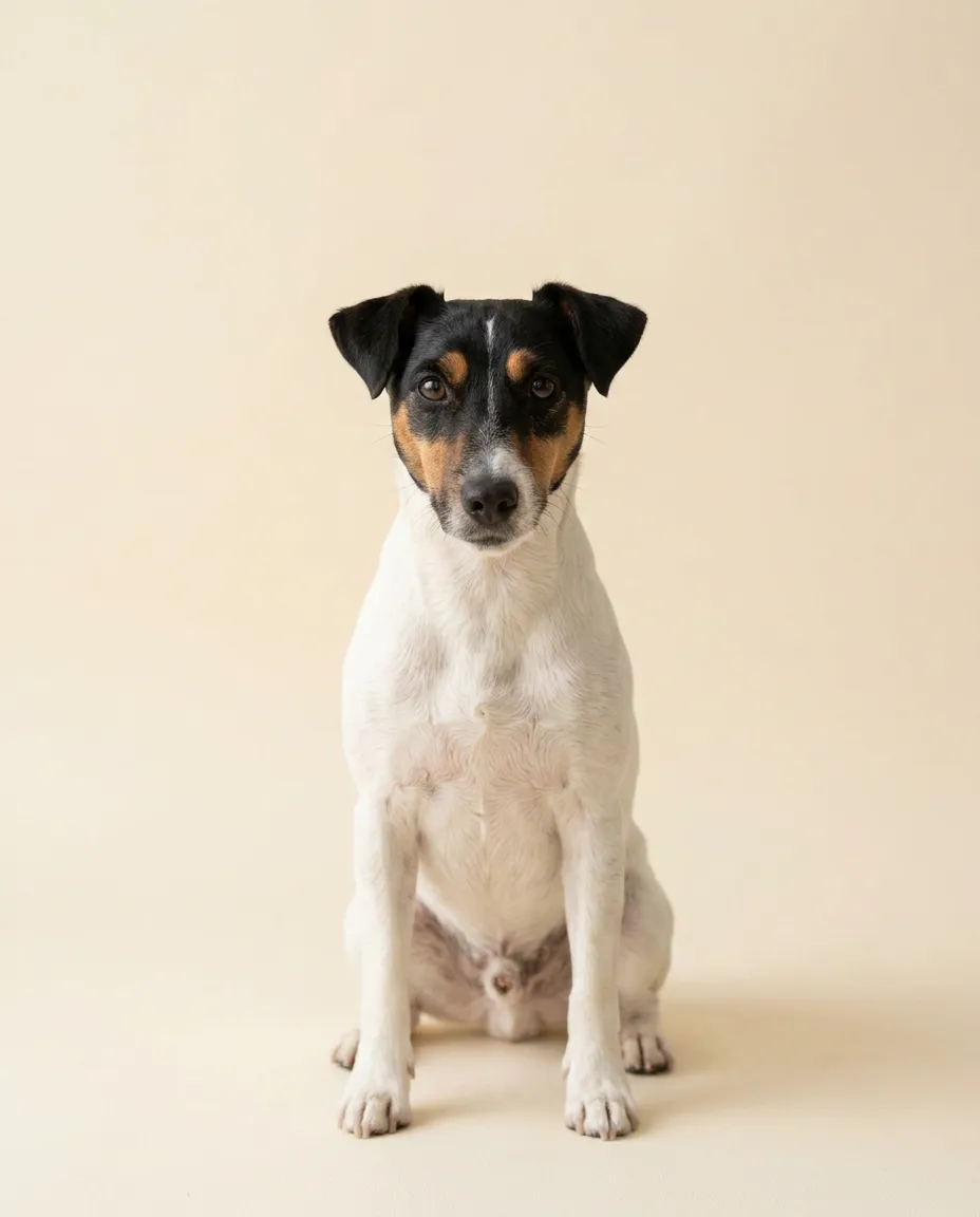 Dorosły fox terrier siedzący na kremowym tle