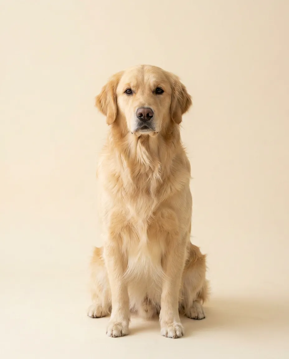 Dorosły golden retriever siedzący na kremowym tle
