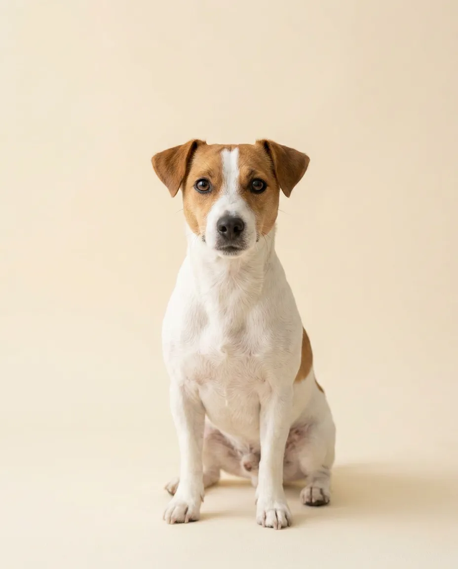 Dorosły jack russell terrier siedzący na kremowym tle