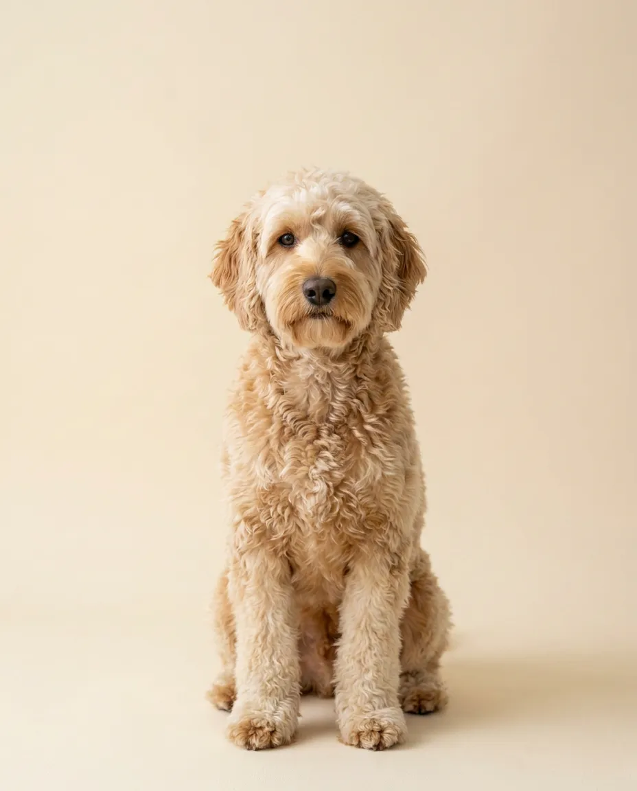Dorosły labradoodle siedzący na kremowym tle