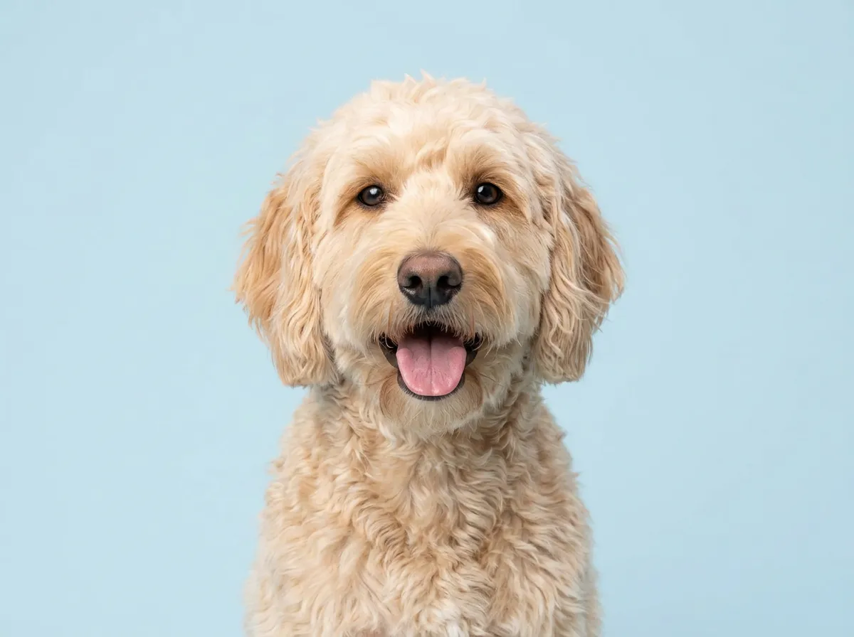 Pogodny, zdrowy labradoodle w zbliżeniu