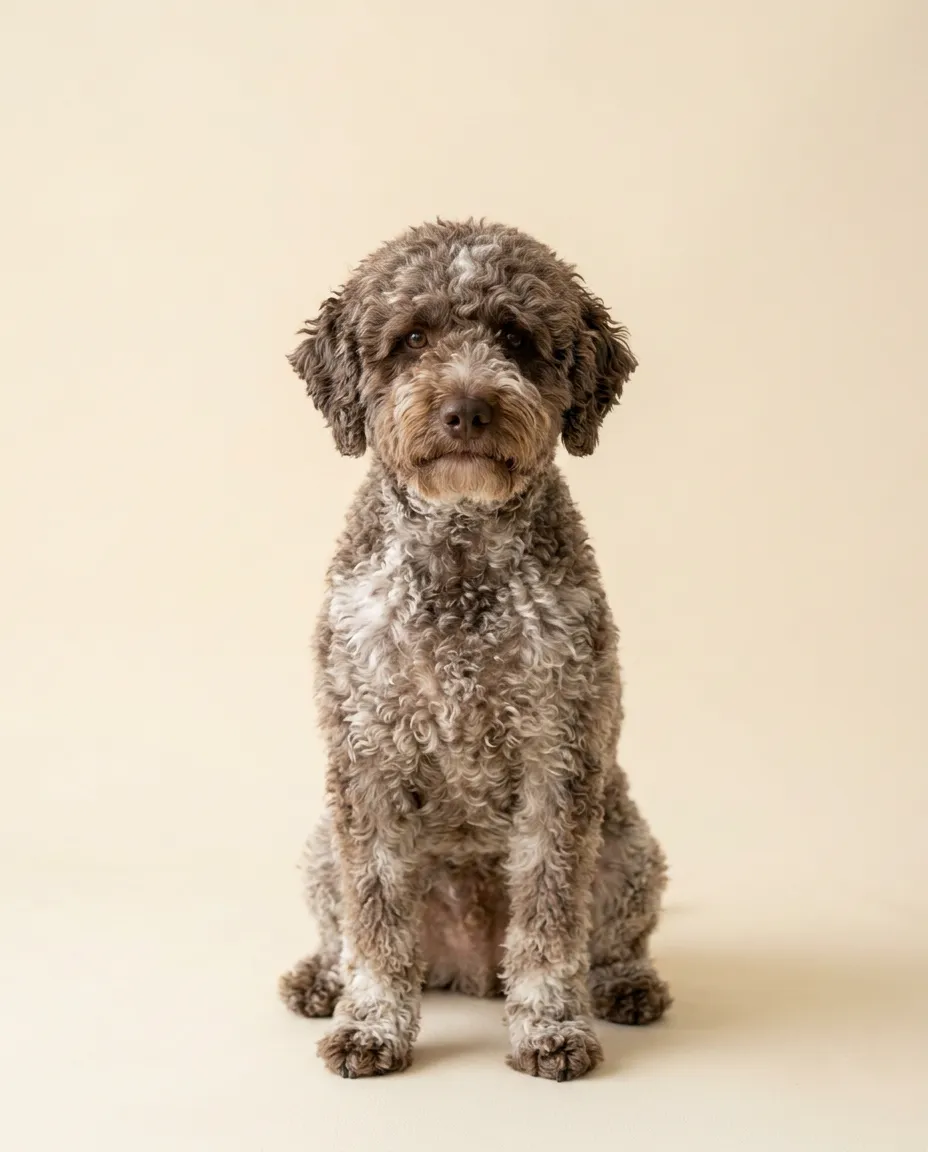Dorosły lagotto romagnolo siedzący na kremowym tle