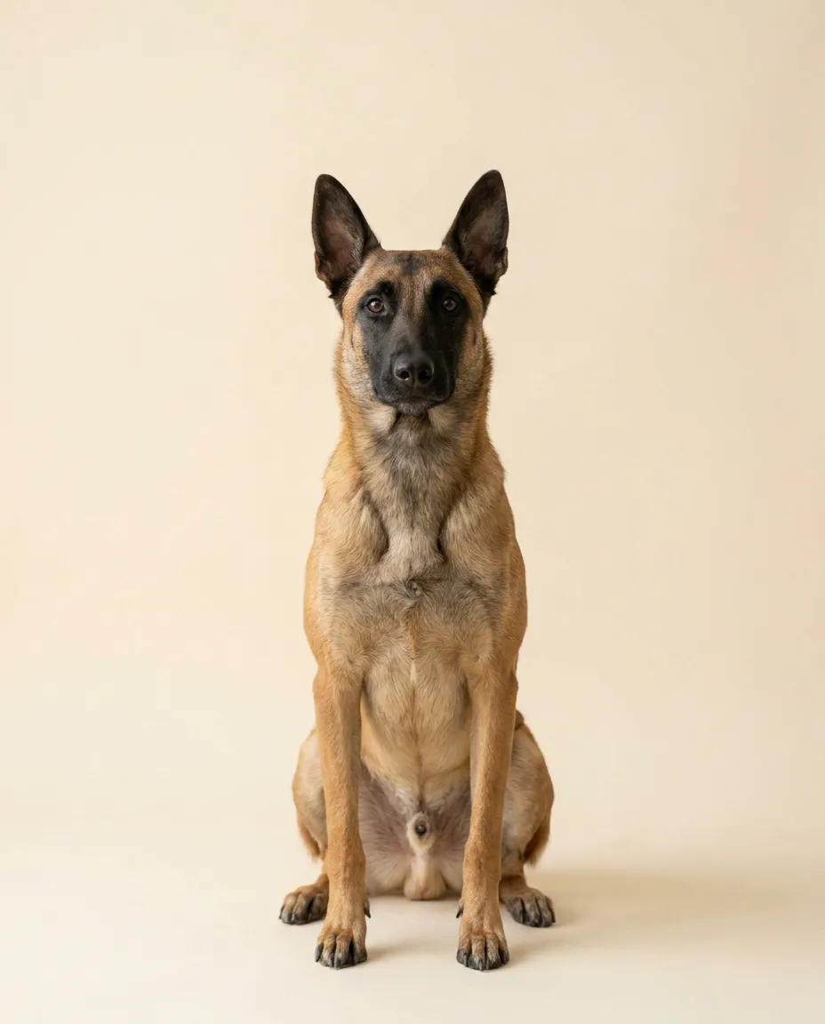 Dorosły owczarek belgijski malinois siedzący na kremowym tle