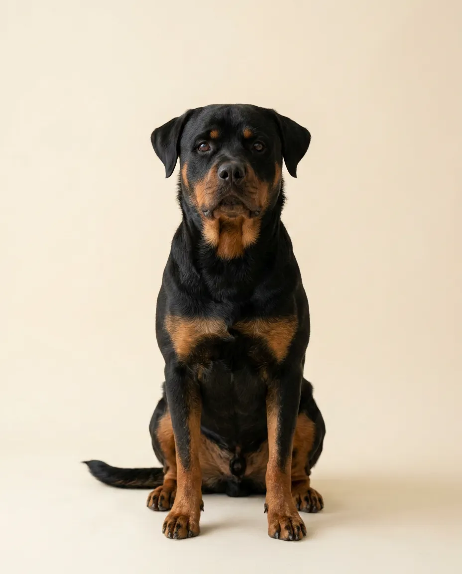 Dorosły rottweiler siedzący na kremowym tle