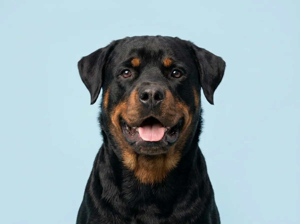 Pogodny, zdrowy rottweiler w zbliżeniu