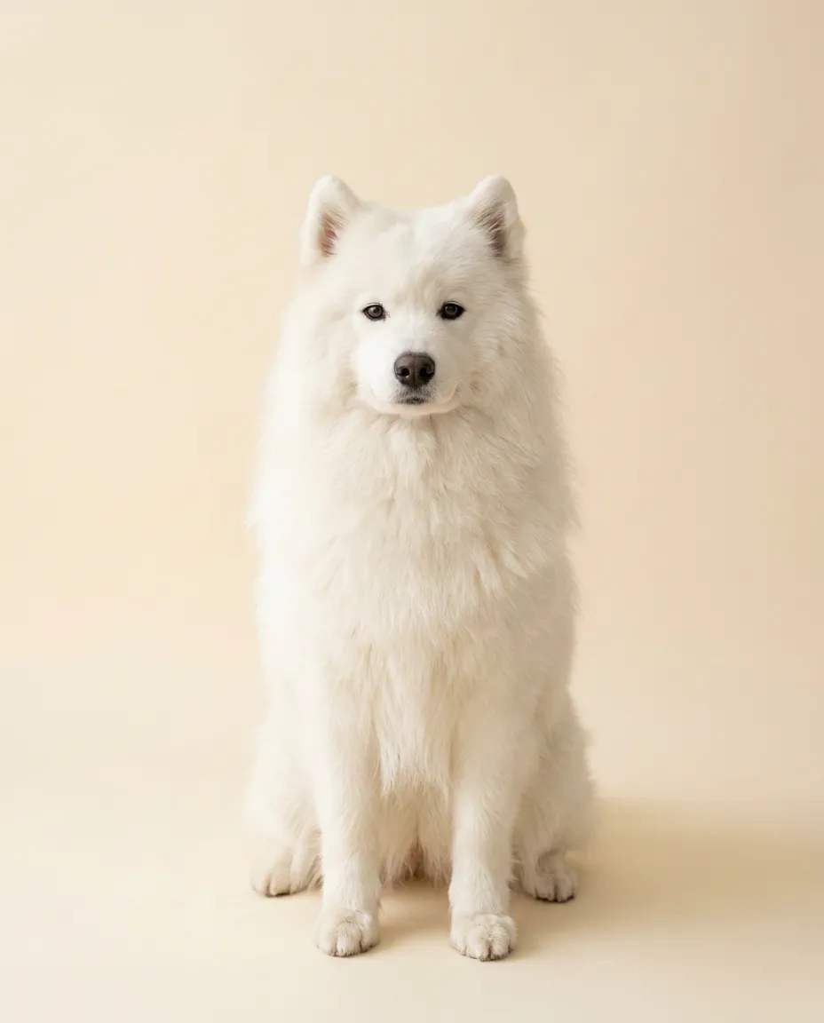 Dorosły samoyed siedzący na kremowym tle