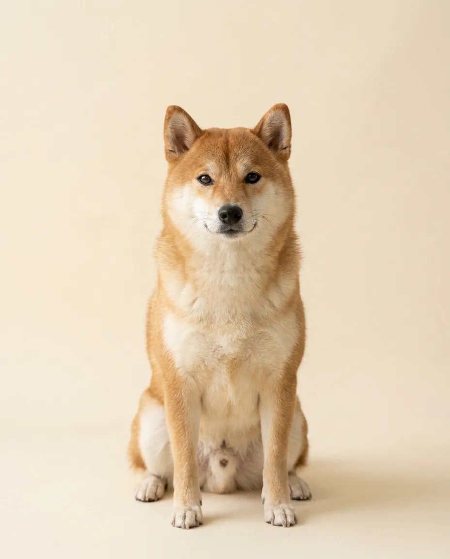 Dorosły shiba inu siedzący na kremowym tle