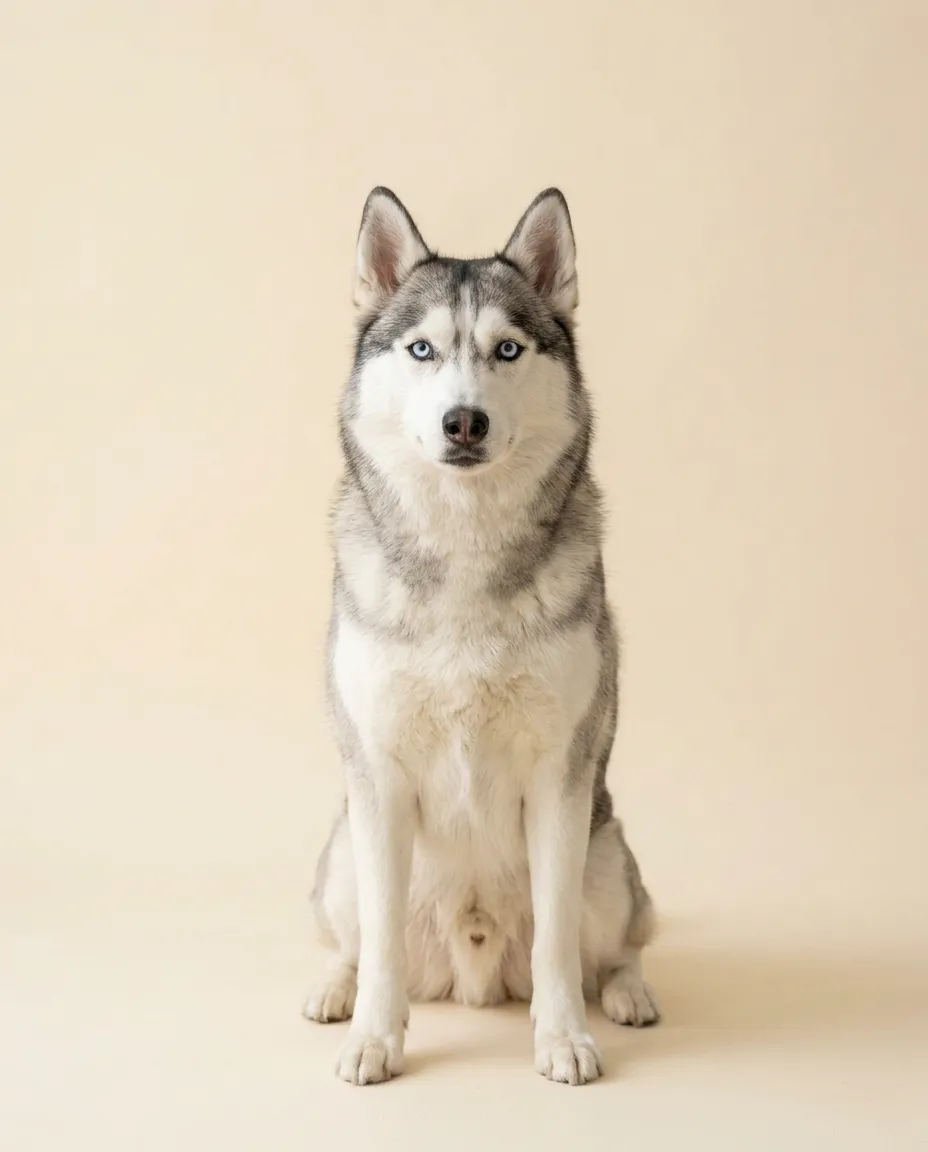 Dorosły siberian husky siedzący na kremowym tle