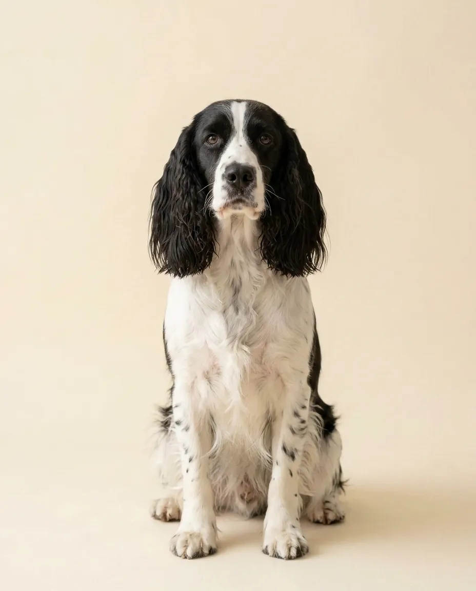 Dorosły springer spaniel angielski siedzący na kremowym tle