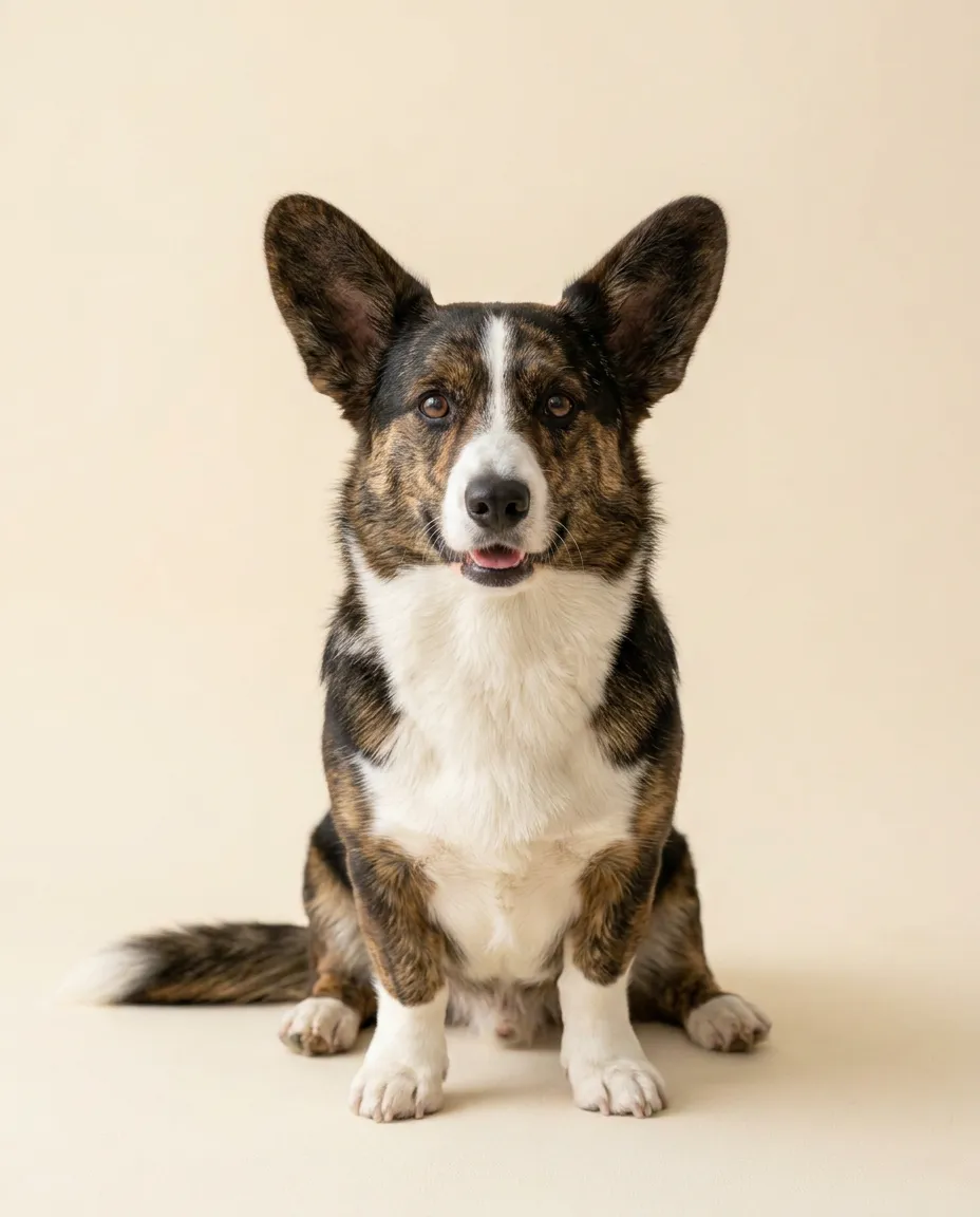 Dorosły welsh corgi cardigan siedzący na kremowym tle