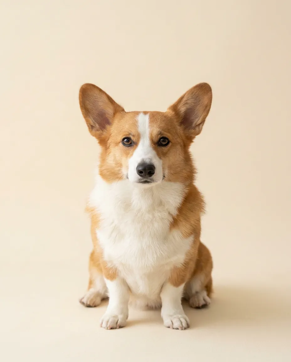 Dorosły welsh corgi pembroke siedzący na kremowym tle