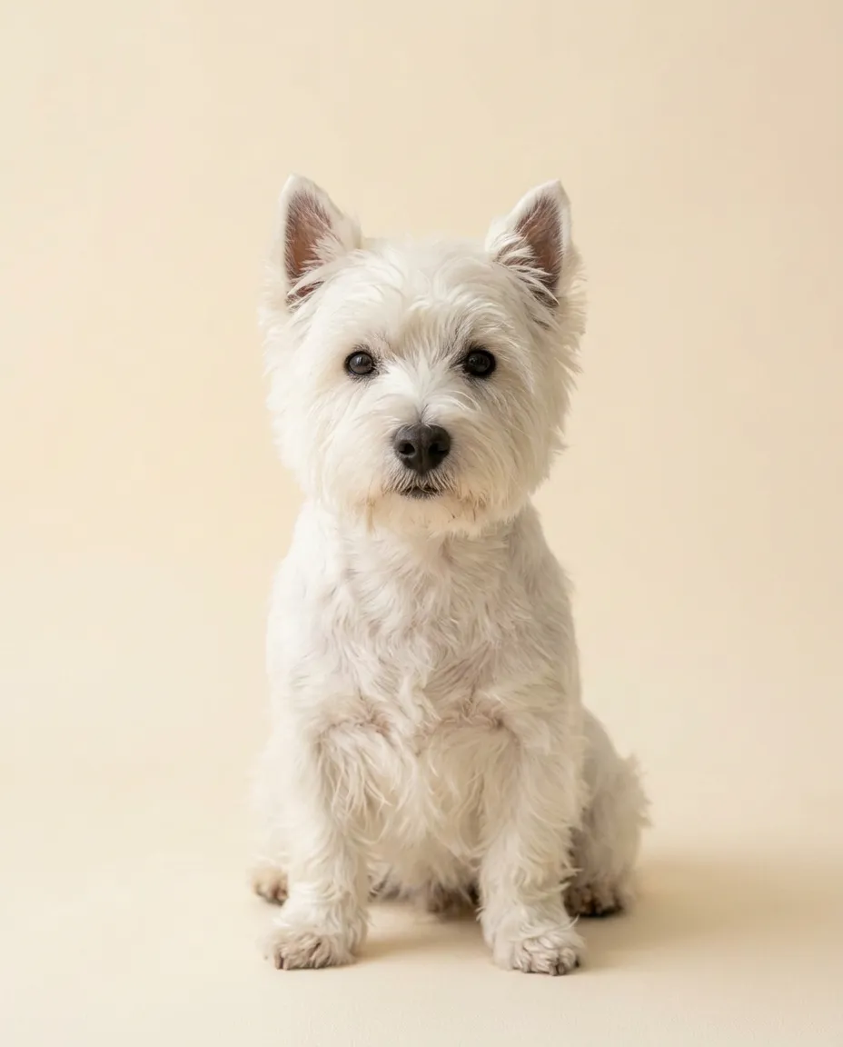 Dorosły west highland white terrier siedzący na kremowym tle