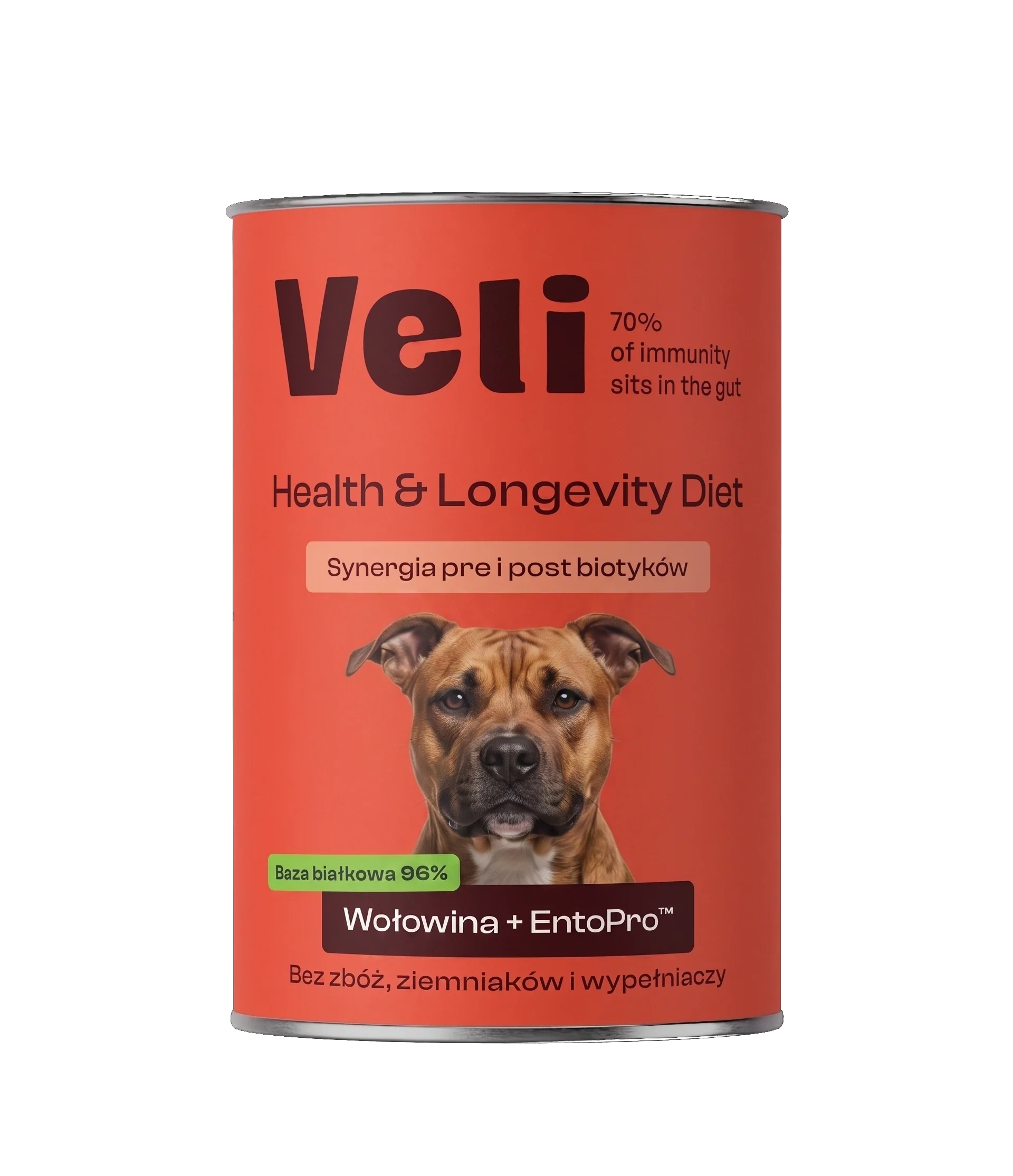 Wizualizacja puszki Veli Beef + EntoPro™ Recipe z amstaffa na etykiecie