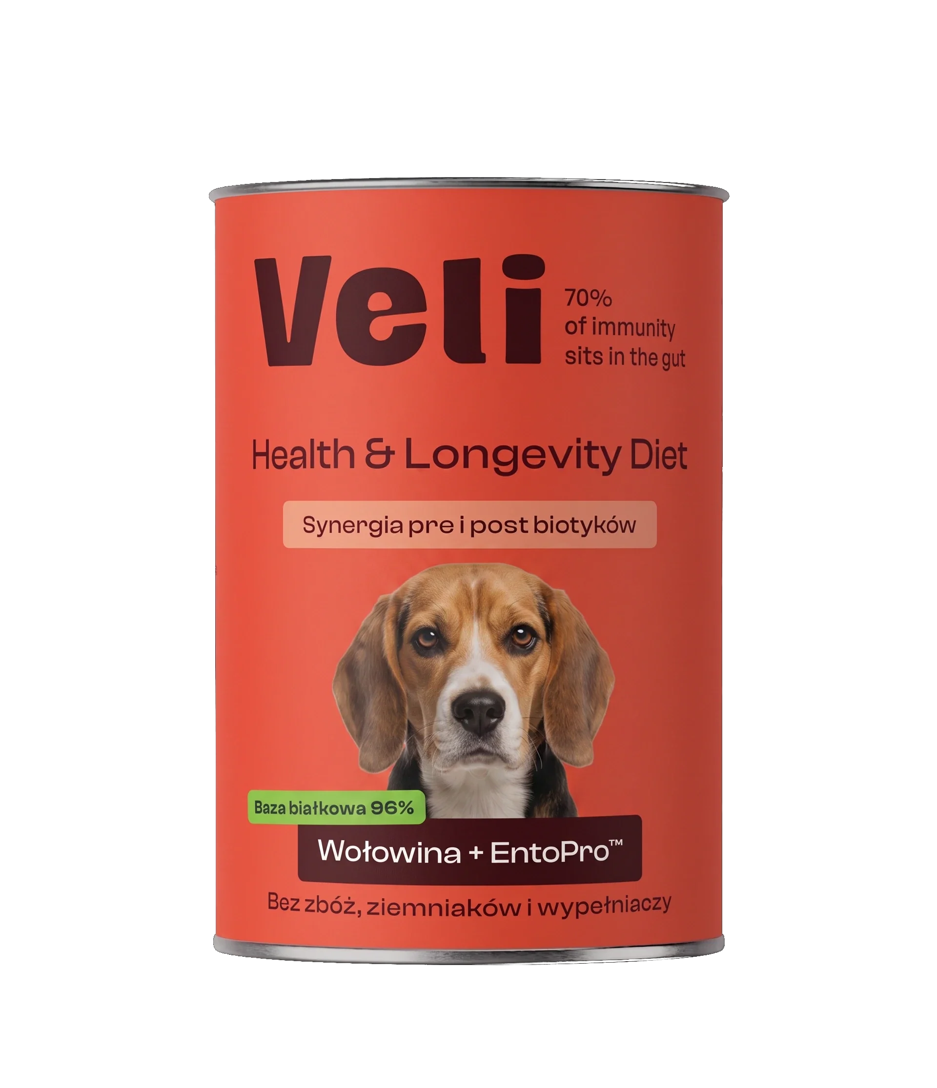Wizualizacja puszki Veli Beef + EntoPro™ Recipe z beagle'a na etykiecie