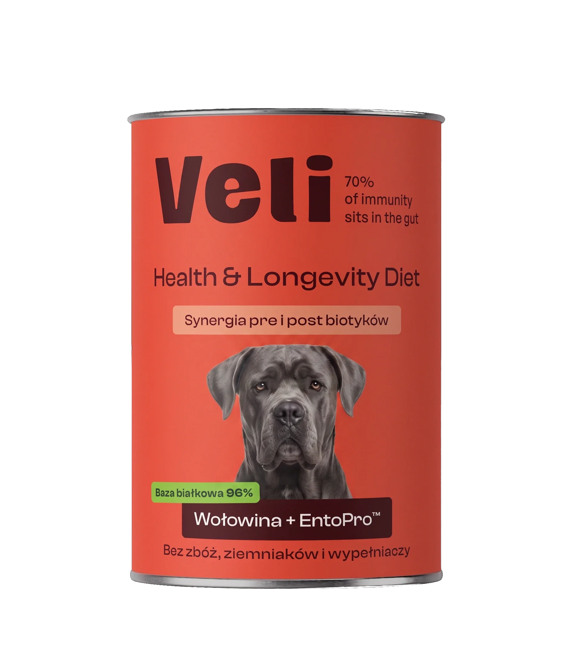 Wizualizacja puszki Veli Beef + EntoPro™ Recipe z cane corso na etykiecie