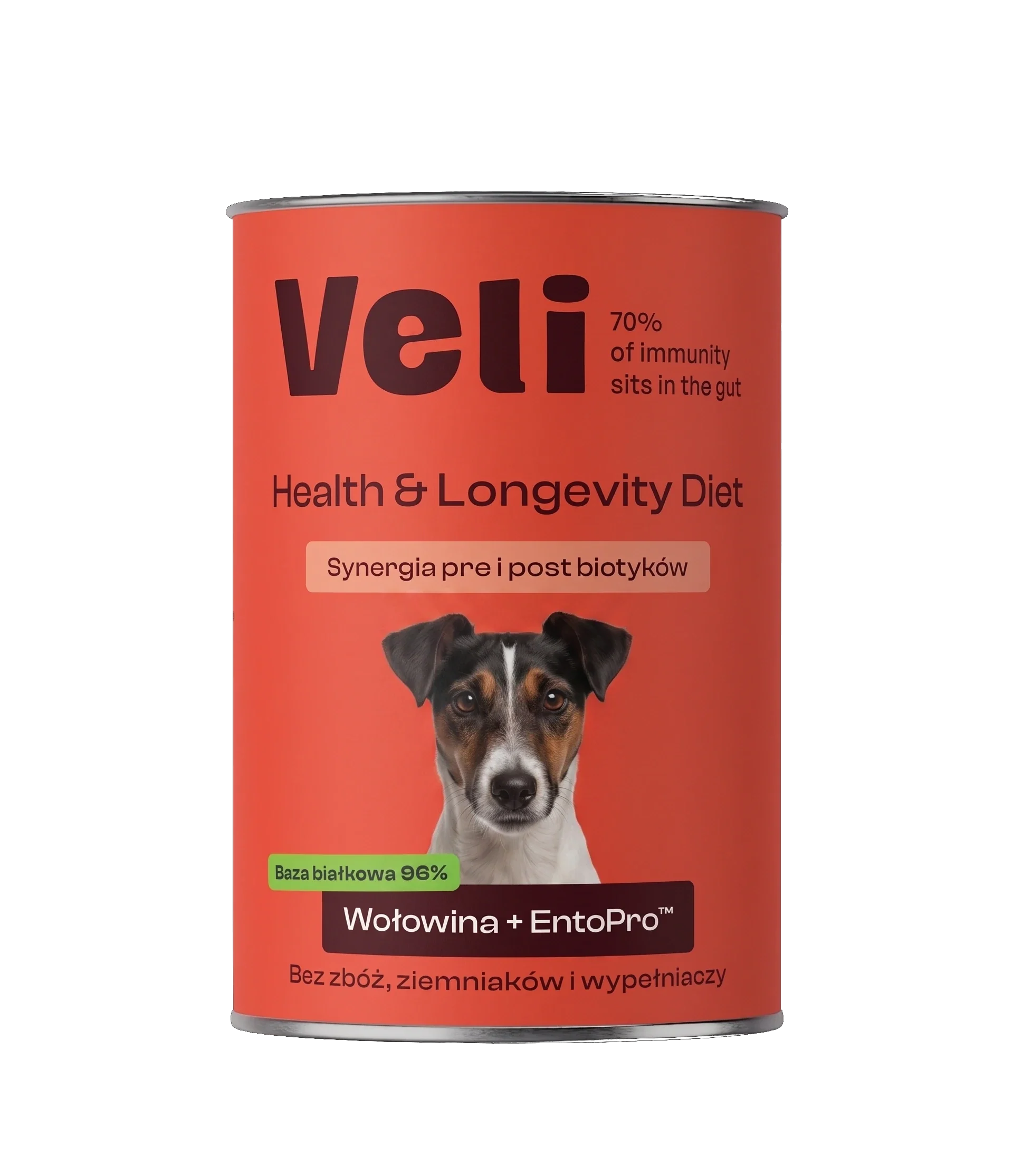 Wizualizacja puszki Veli Beef + EntoPro™ Recipe z fox teriera na etykiecie