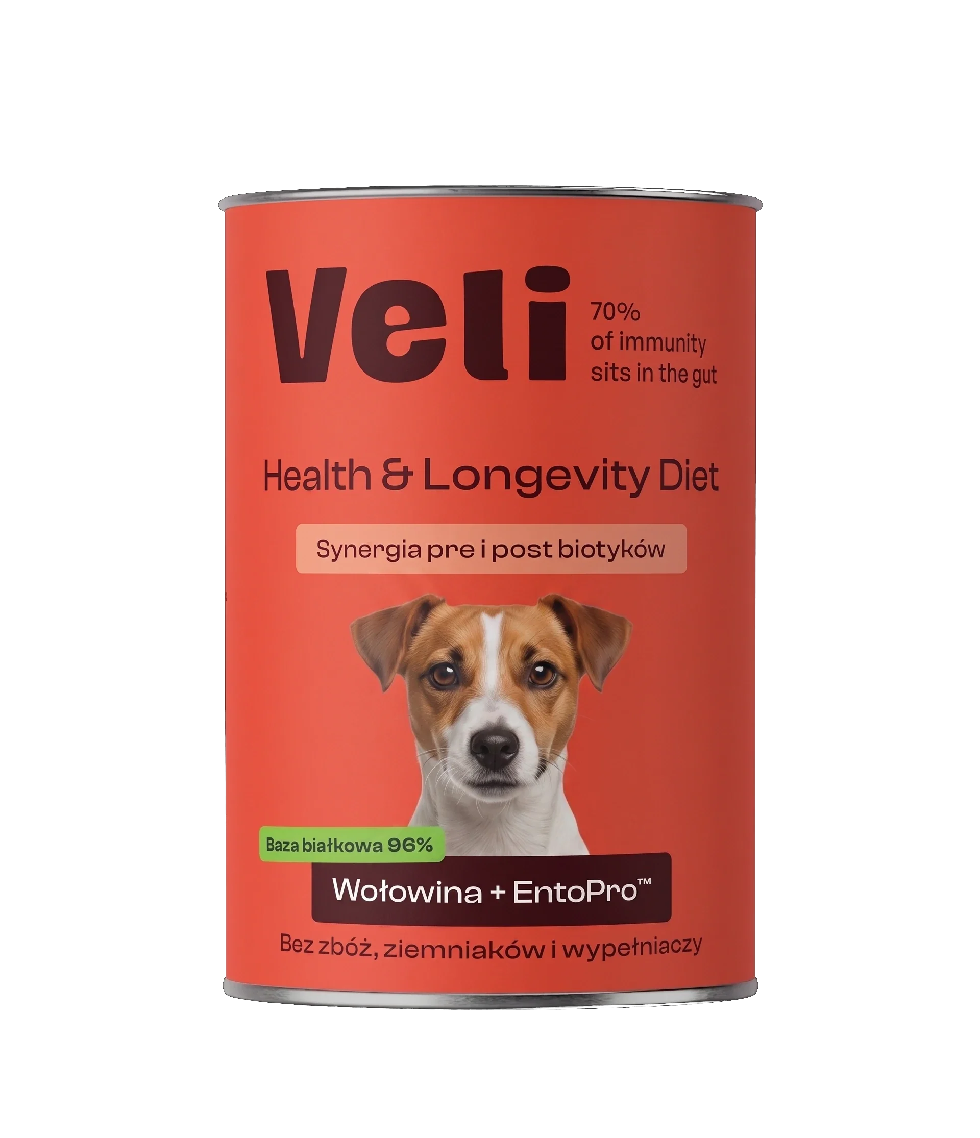 Wizualizacja puszki Veli Beef + EntoPro™ Recipe z jack russell teriera na etykiecie