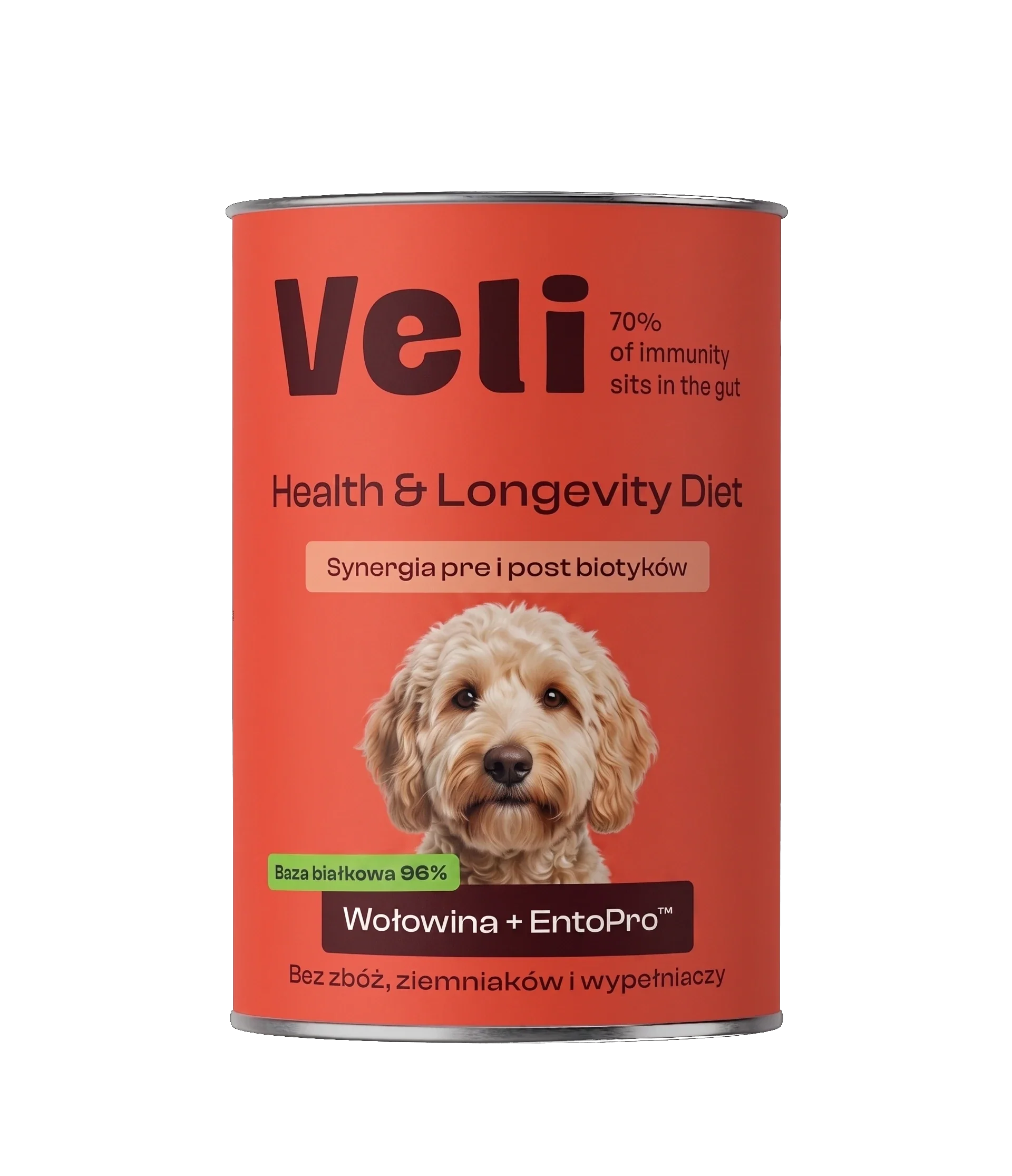 Wizualizacja puszki Veli Beef + EntoPro™ Recipe z labradoodle na etykiecie