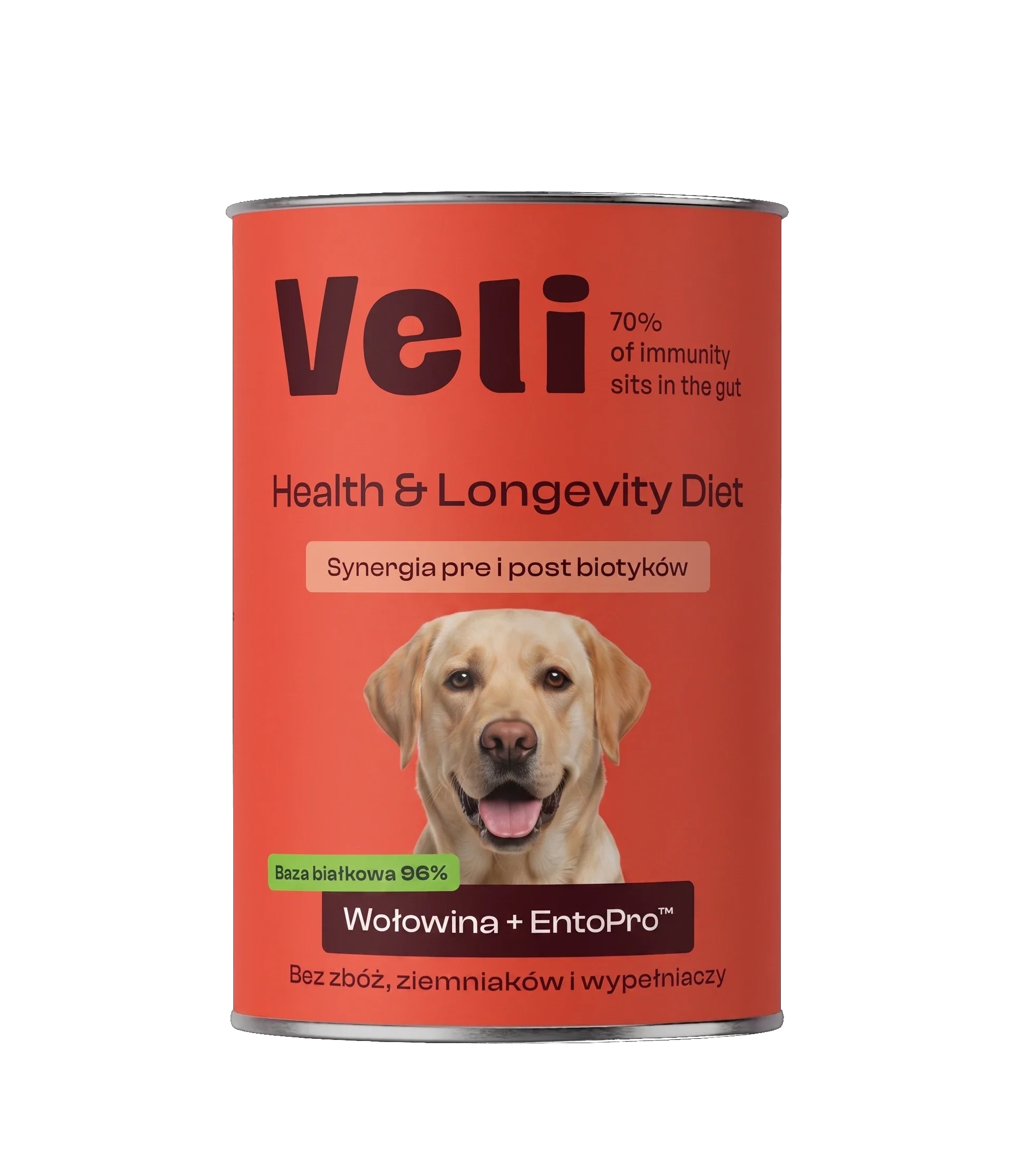 Wizualizacja puszki Veli Beef + EntoPro™ Recipe z labradora na etykiecie