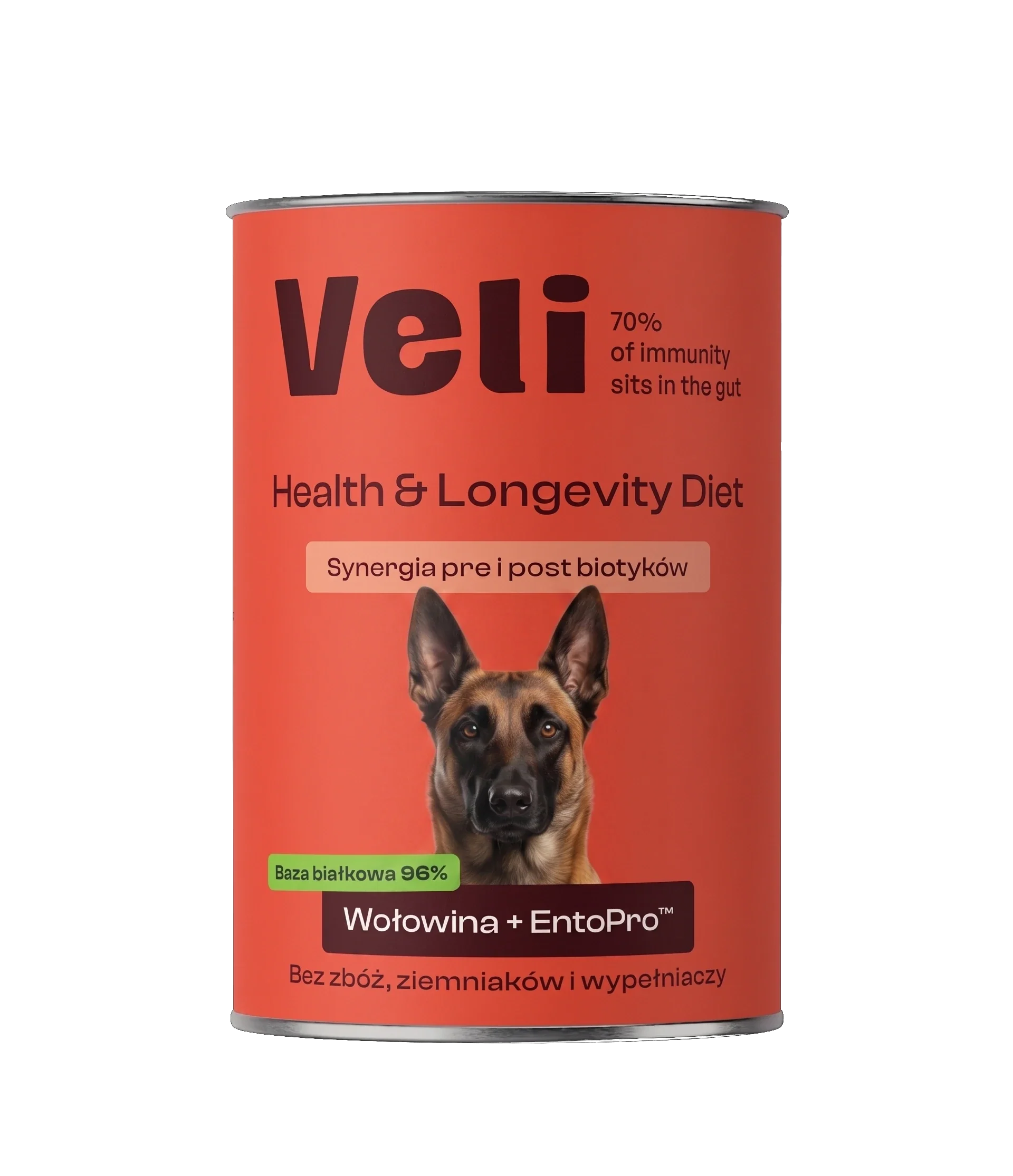 Wizualizacja puszki Veli Beef + EntoPro™ Recipe z malinois na etykiecie