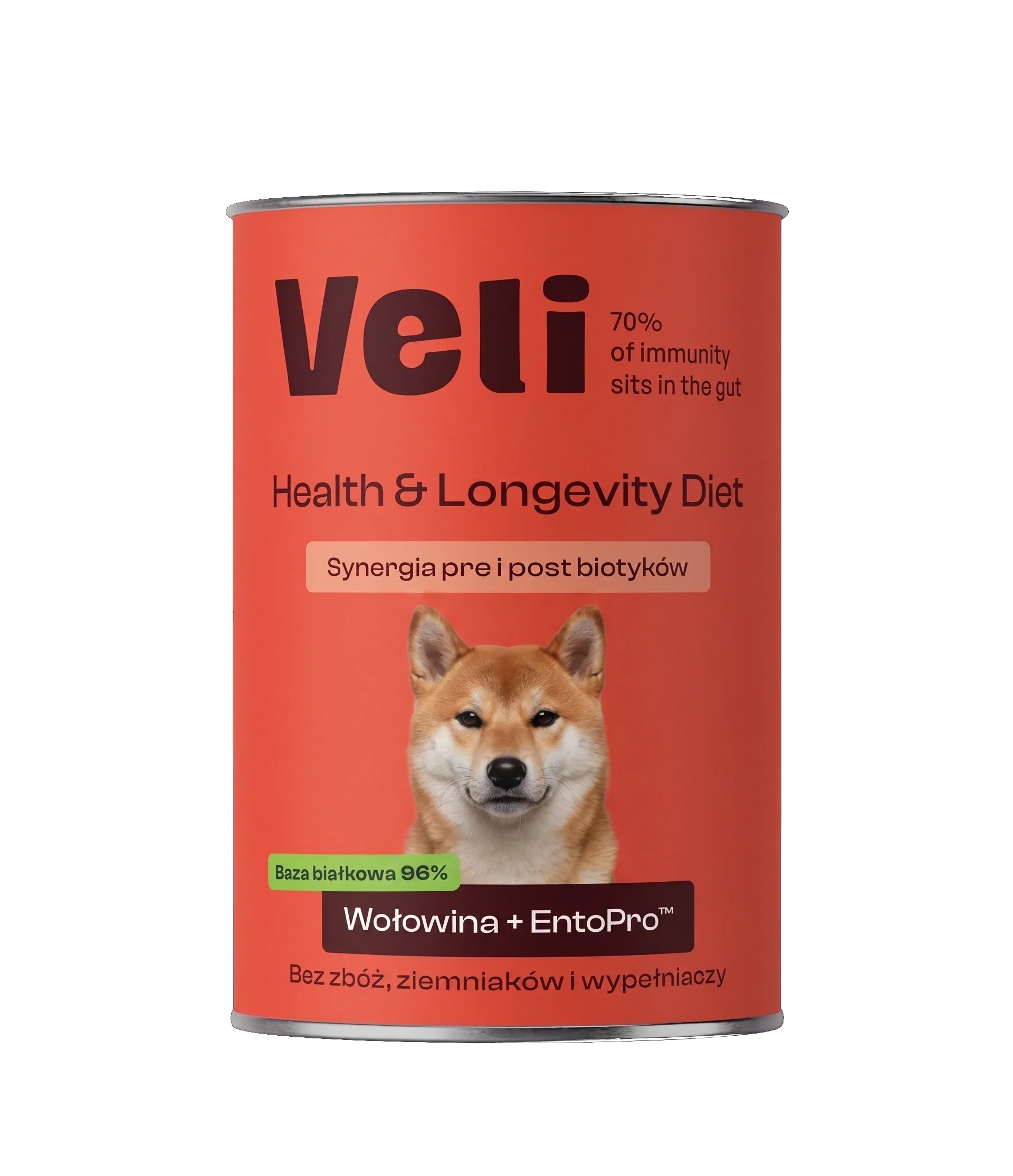 Wizualizacja puszki Veli Beef + EntoPro™ Recipe z shiba inu na etykiecie