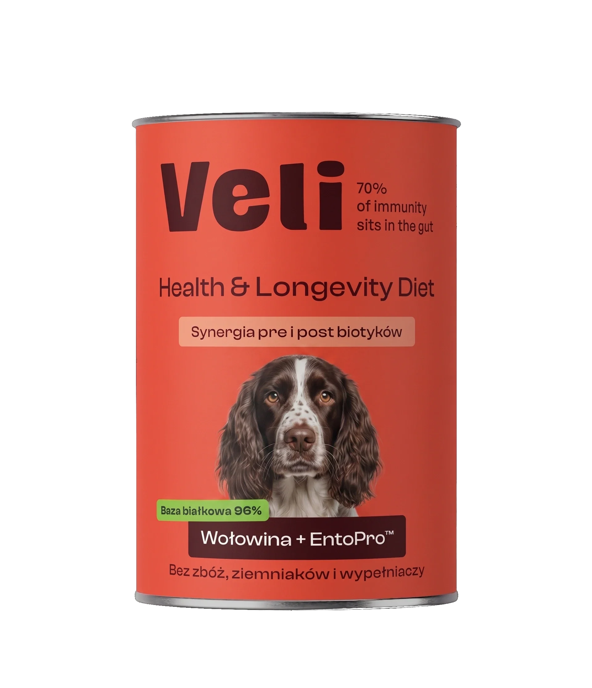 Wizualizacja puszki Veli Beef + EntoPro™ Recipe z springer spaniela na etykiecie
