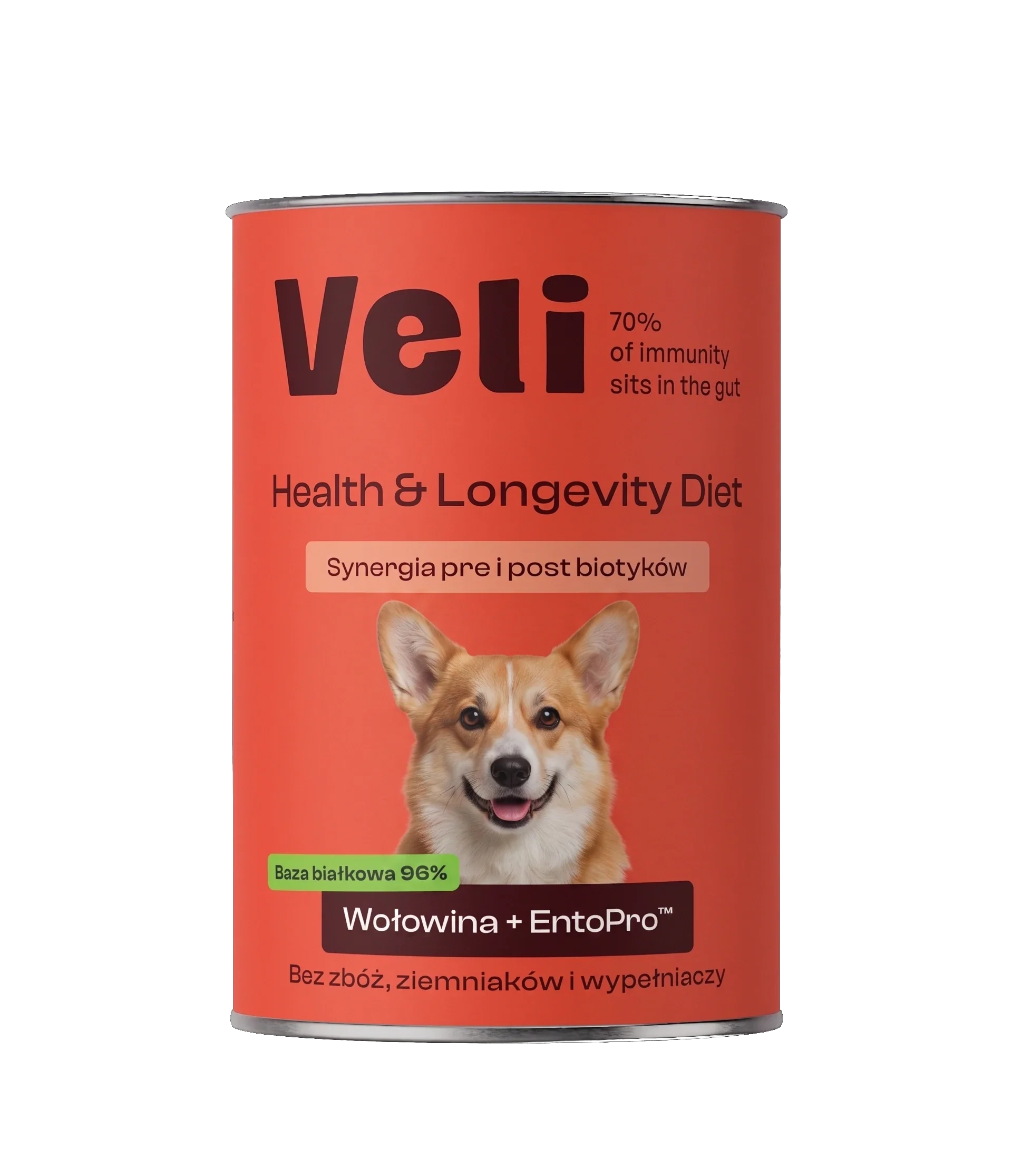 Wizualizacja puszki Veli Beef + EntoPro™ Recipe z welsh corgi pembroke na etykiecie