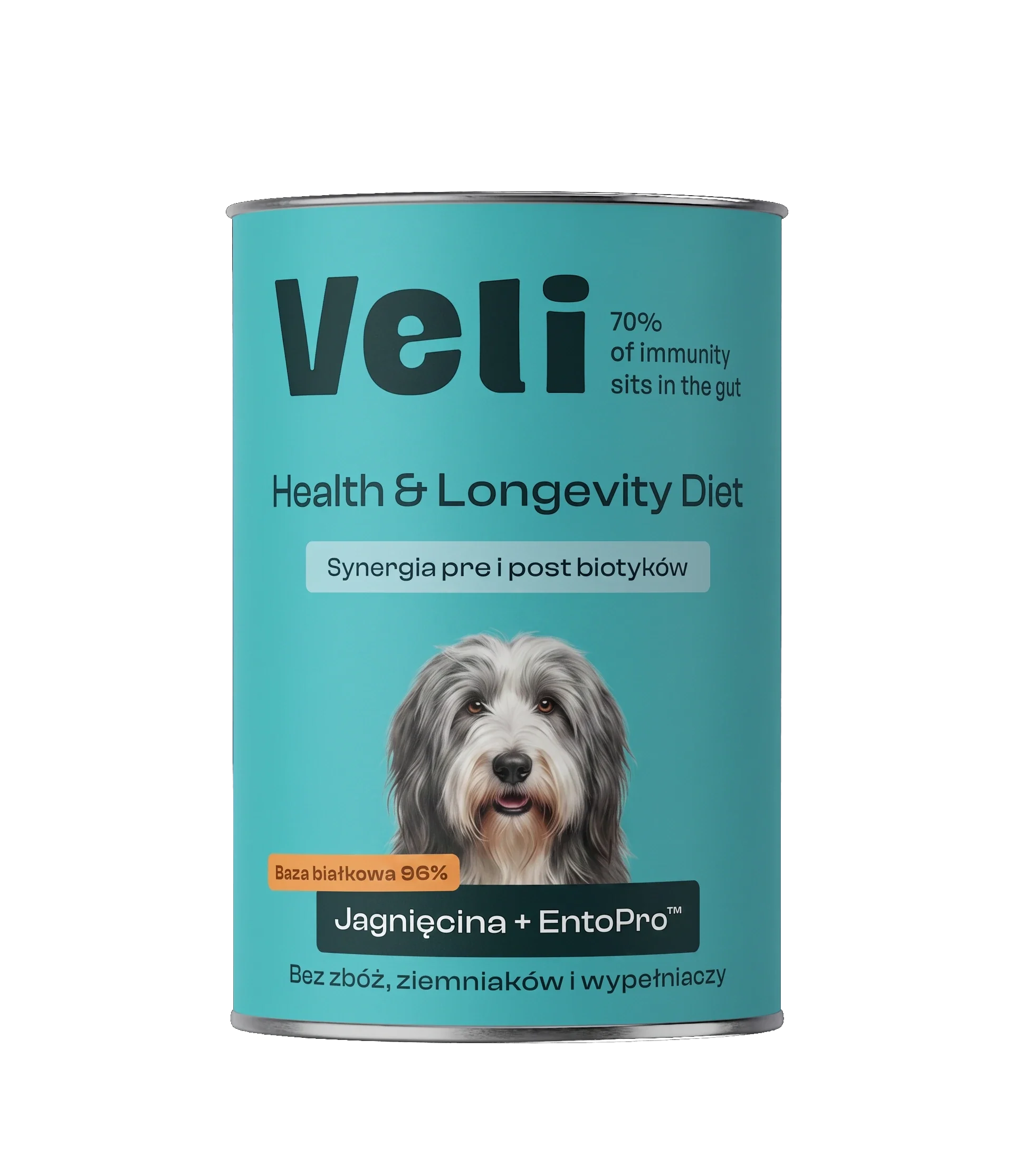 Wizualizacja puszki Veli Lamb + EntoPro™ Recipe z bearded collie na etykiecie