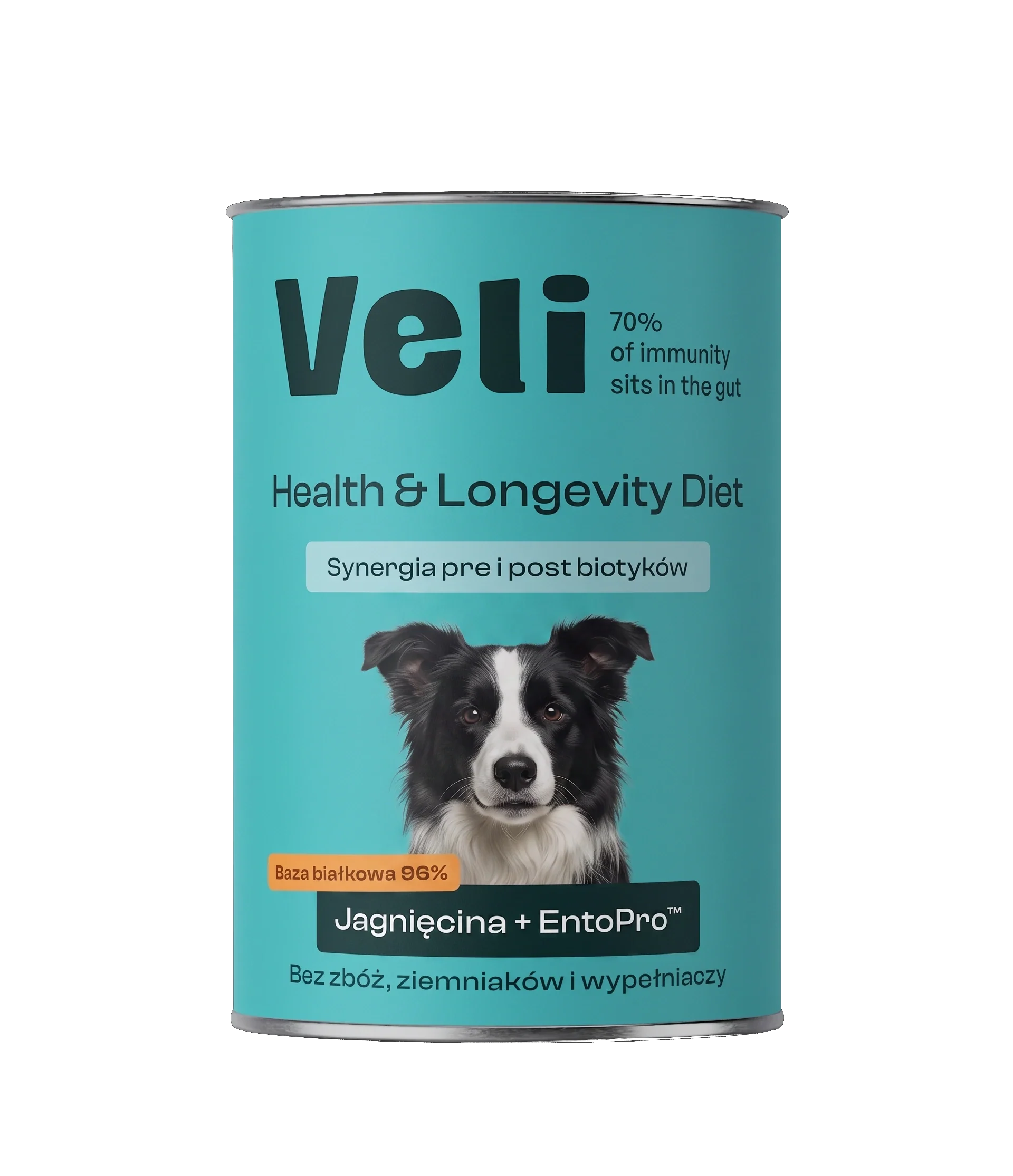 Wizualizacja puszki Veli Lamb + EntoPro™ Recipe z border collie na etykiecie
