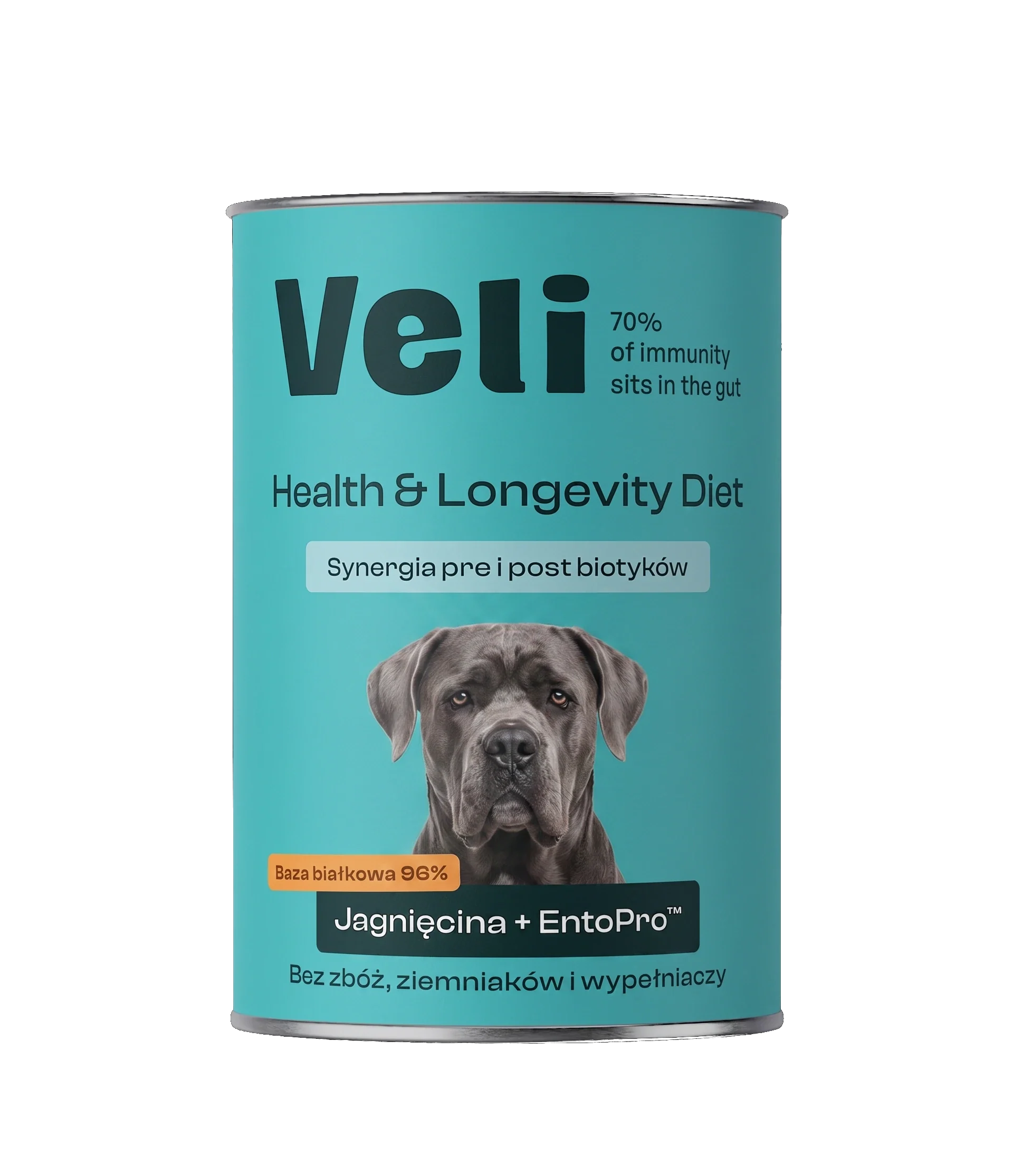 Wizualizacja puszki Veli Lamb + EntoPro™ Recipe z cane corso na etykiecie