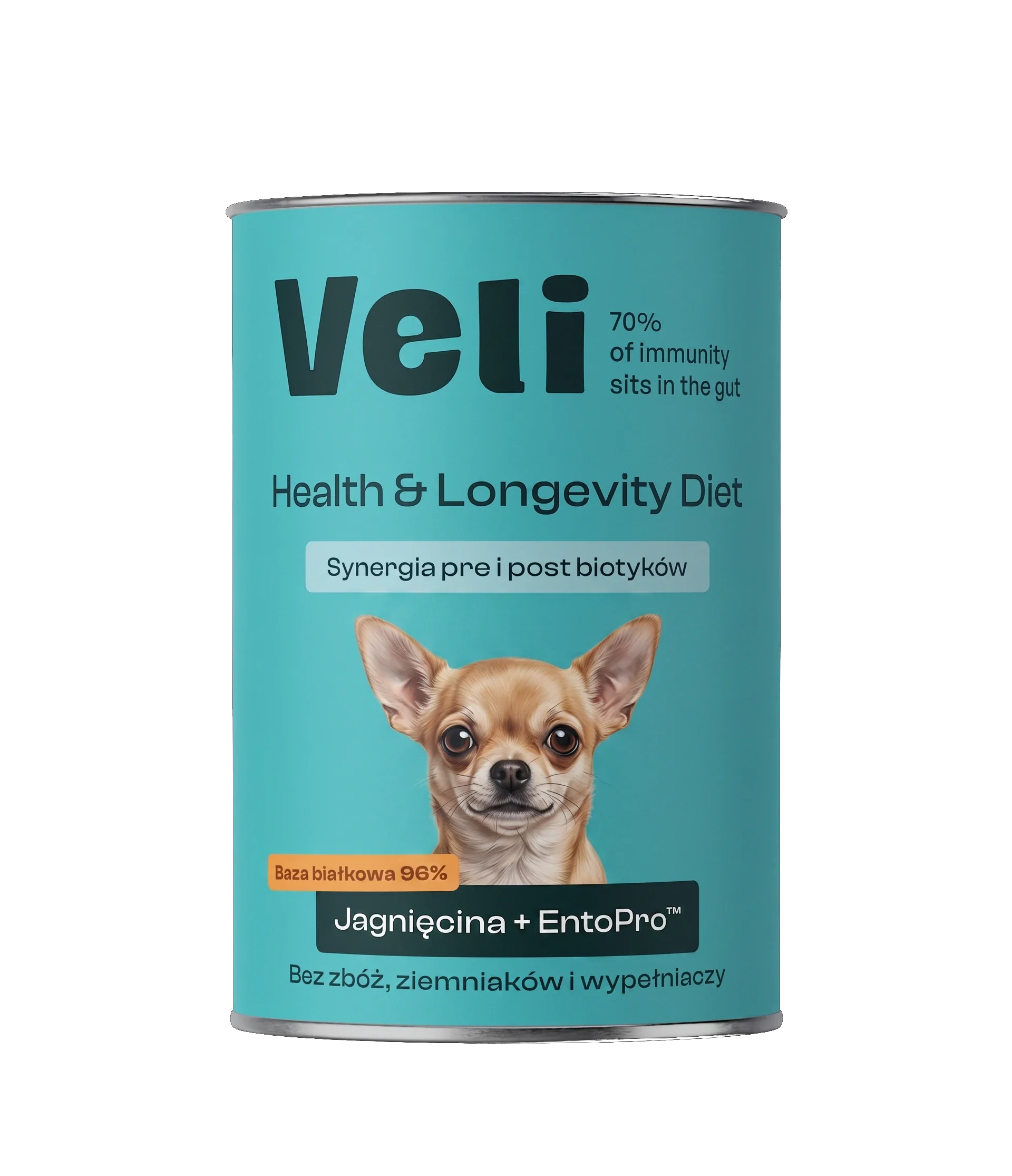 Wizualizacja puszki Veli Lamb + EntoPro™ Recipe z chihuahua na etykiecie