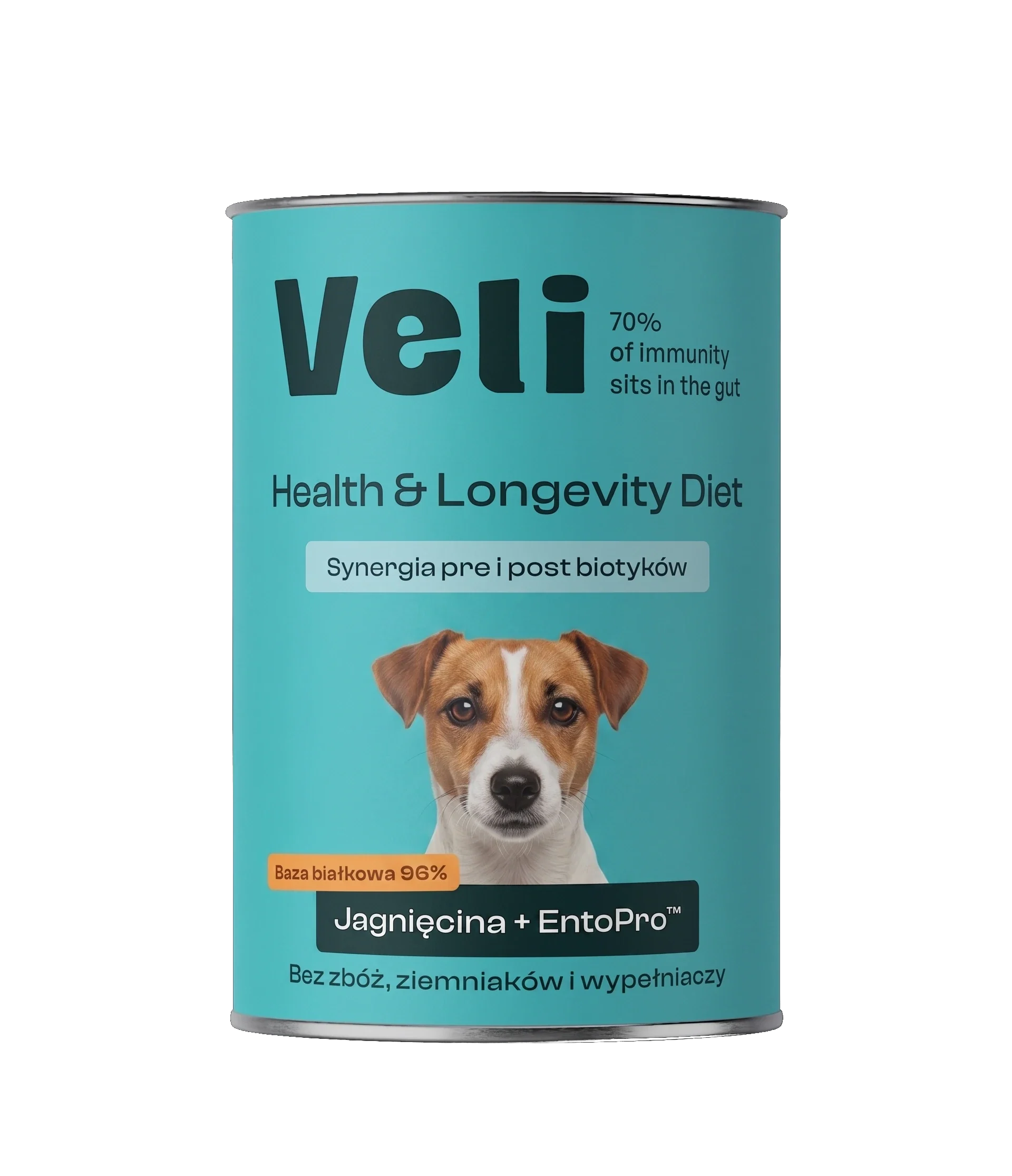 Wizualizacja puszki Veli Lamb + EntoPro™ Recipe z jack russell teriera na etykiecie
