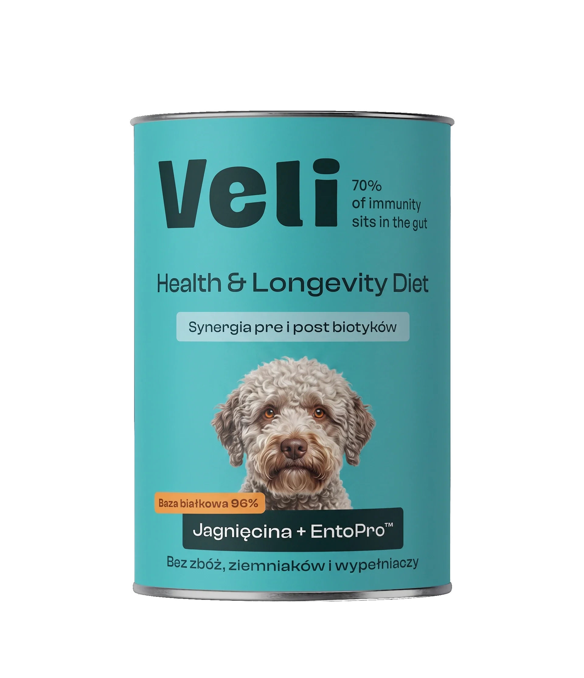Wizualizacja puszki Veli Lamb + EntoPro™ Recipe z lagotto romagnolo na etykiecie