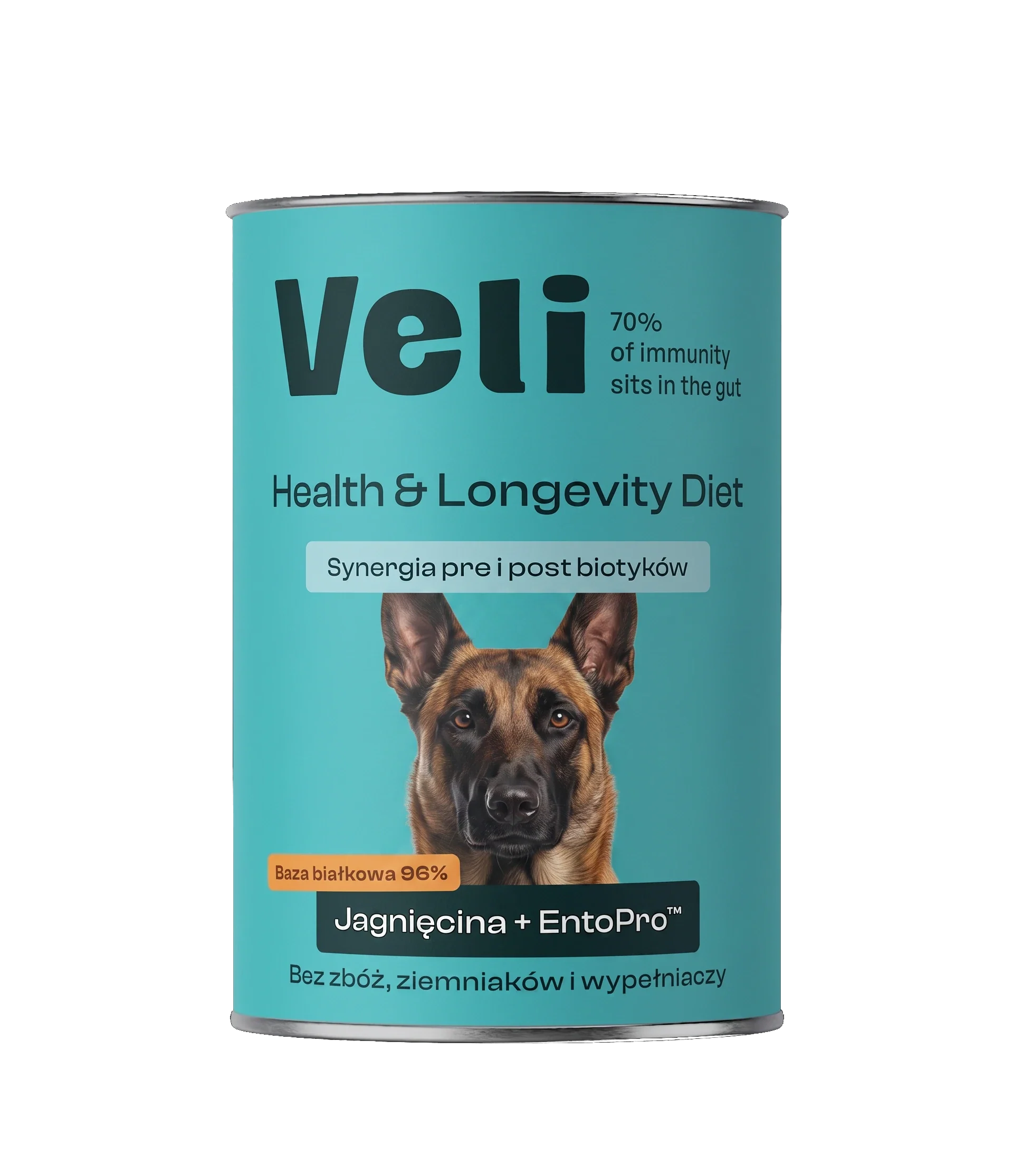 Wizualizacja puszki Veli Lamb + EntoPro™ Recipe z malinois na etykiecie