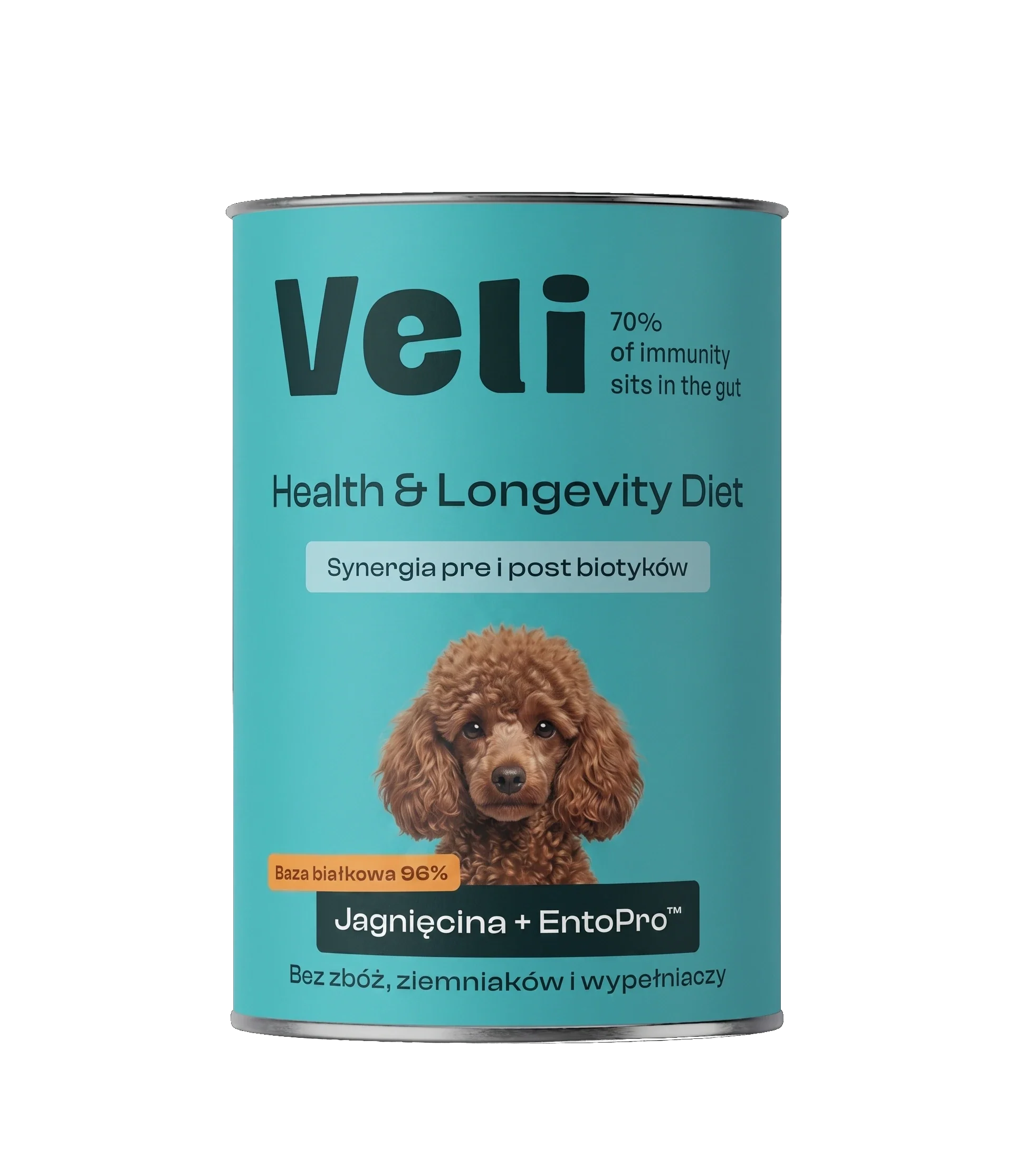 Wizualizacja puszki Veli Lamb + EntoPro™ Recipe z pudla miniaturowego na etykiecie
