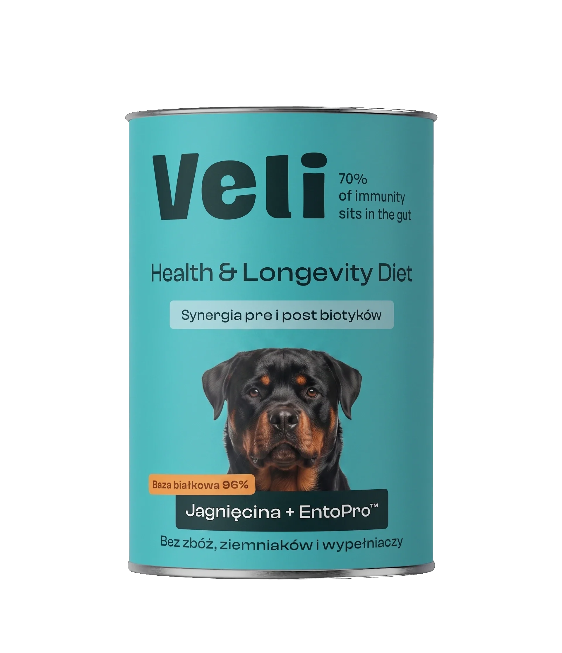 Wizualizacja puszki Veli Lamb + EntoPro™ Recipe z rottweilera na etykiecie