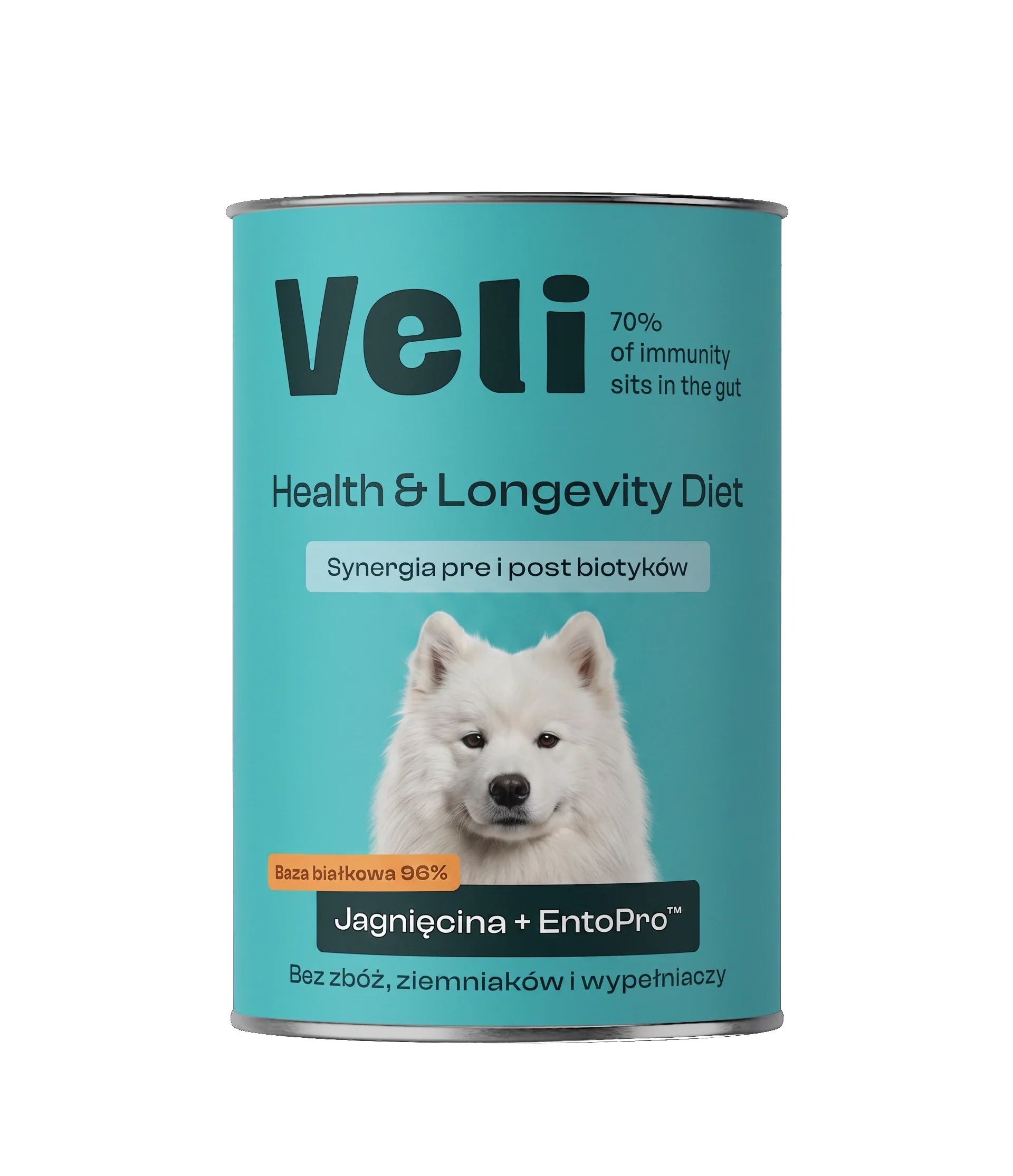 Wizualizacja puszki Veli Lamb + EntoPro™ Recipe z samoyeda na etykiecie
