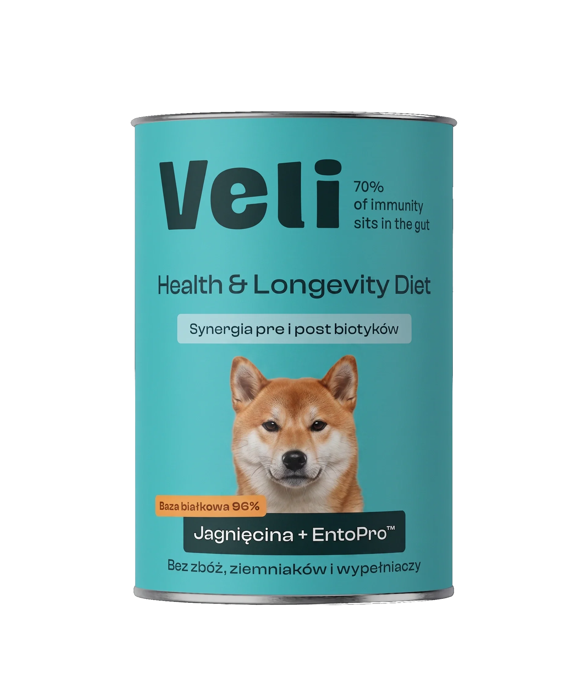 Wizualizacja puszki Veli Lamb + EntoPro™ Recipe z shiba inu na etykiecie