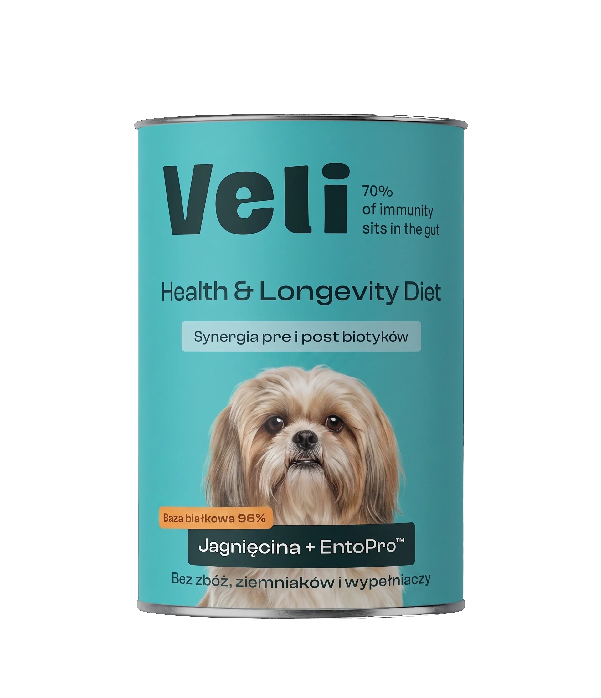 Wizualizacja puszki Veli Lamb + EntoPro™ Recipe z shih tzu na etykiecie
