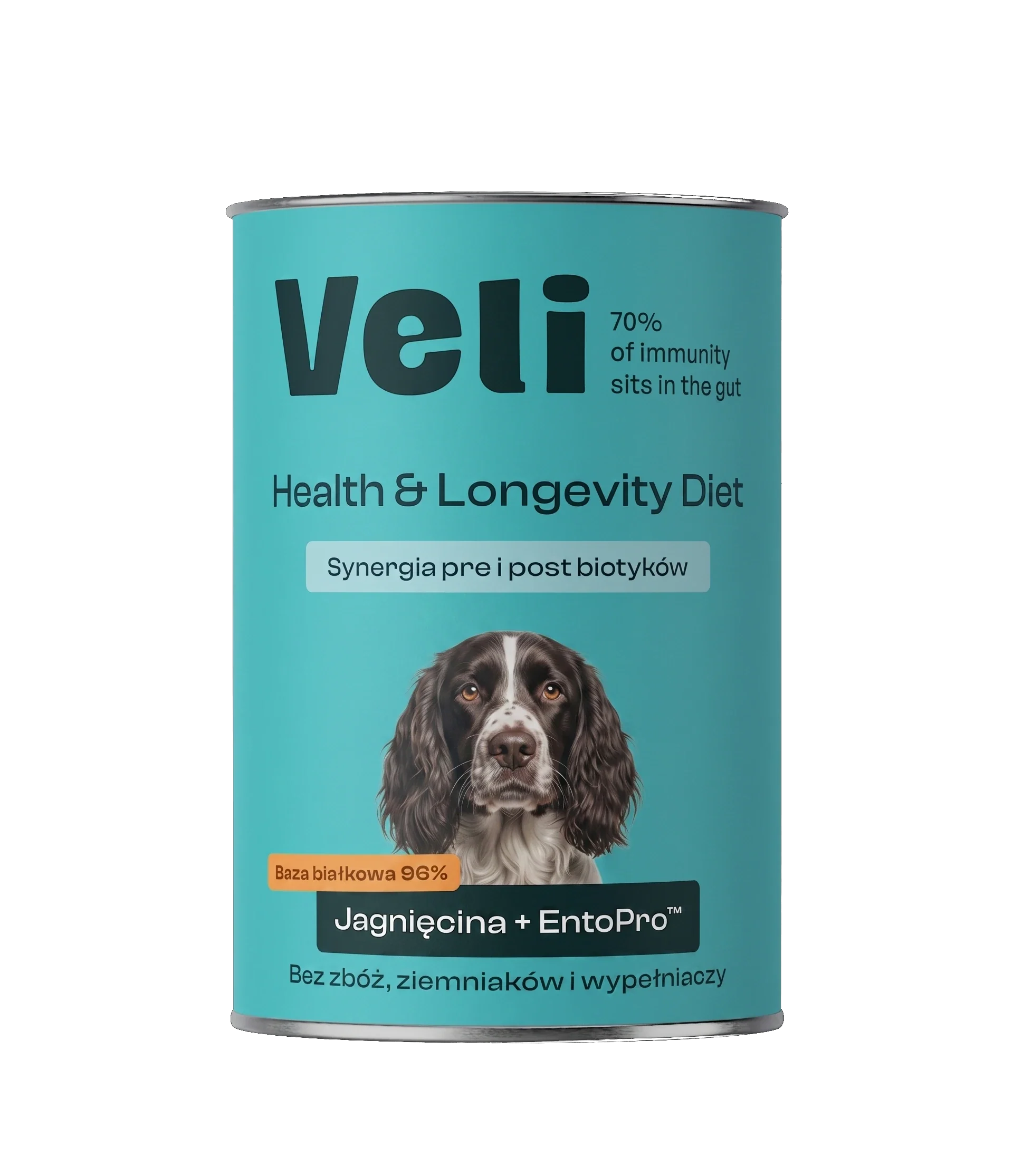 Wizualizacja puszki Veli Lamb + EntoPro™ Recipe z springer spaniela na etykiecie