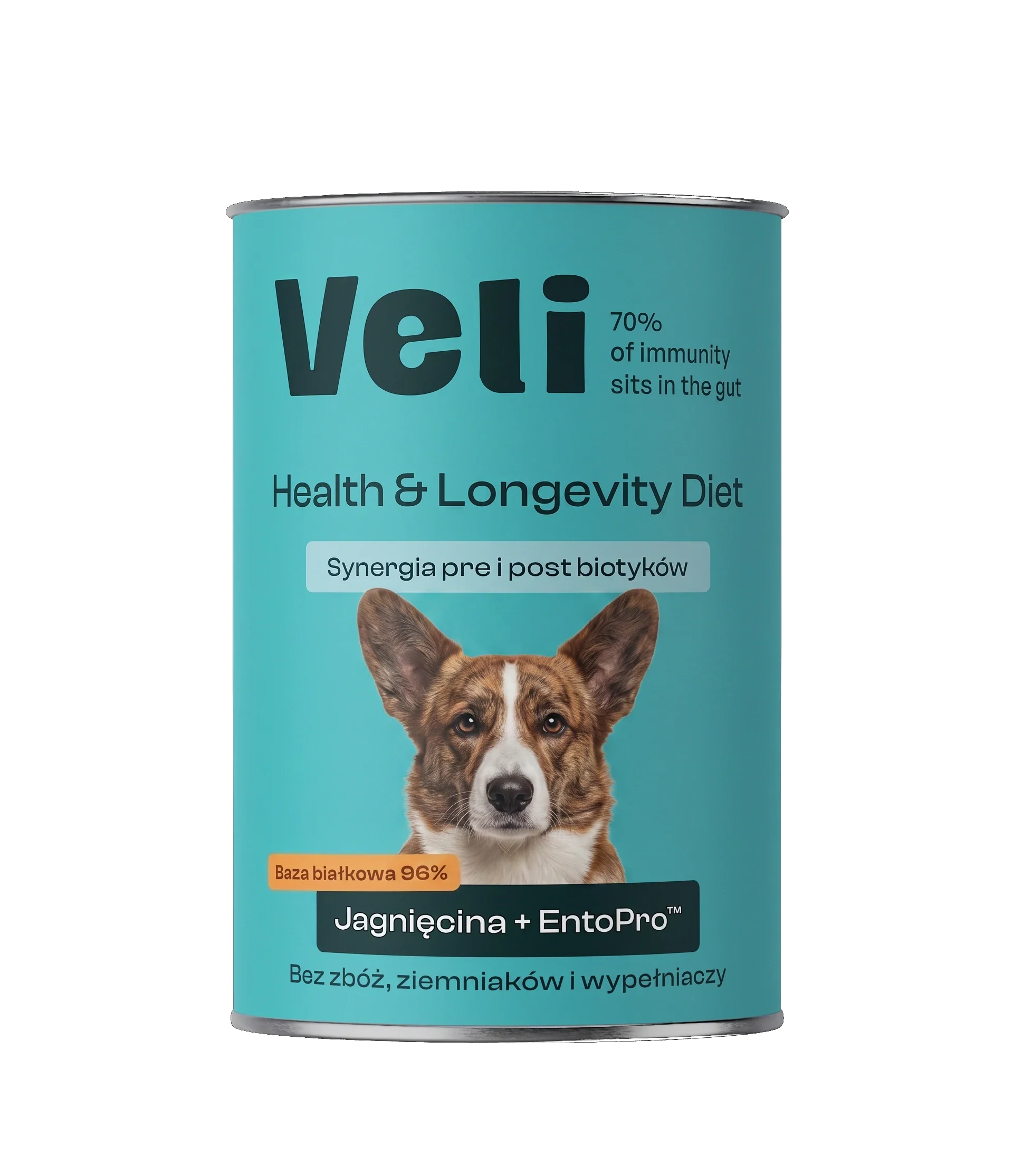 Wizualizacja puszki Veli Lamb + EntoPro™ Recipe z welsh corgi cardigan na etykiecie